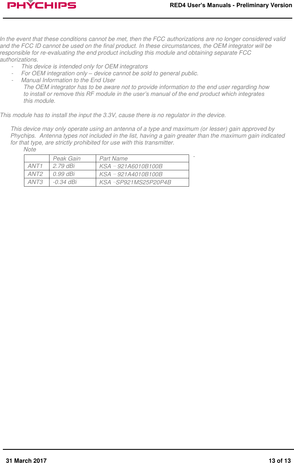       31 March 2017  13 of 13         RED4 User&rsquo;s Manuals - Preliminary Version      In the event that these conditions cannot be met, then the FCC authorizations are no longer considered valid and the FCC ID cannot be used on the final product. In these circumstances, the OEM integrator will be responsible for re-evaluating the end product including this module and obtaining separate FCC authorizations. -  This device is intended only for OEM integrators -  For OEM integration only &ndash; device cannot be sold to general public. -  Manual Information to the End User The OEM integrator has to be aware not to provide information to the end user regarding how to install or remove this RF module in the user&rsquo;s manual of the end product which integrates this module.  This module has to install the input the 3.3V, cause there is no regulator in the device.  This device may only operate using an antenna of a type and maximum (or lesser) gain approved by Phychips.  Antenna types not included in the list, having a gain greater than the maximum gain indicated for that type, are strictly prohibited for use with this transmitter. Note  -           Peak Gain Part Name ANT1 2.79 dBi KSA &ndash; 921A6010B100B ANT2 0.99 dBi KSA &ndash; 921A4010B100B ANT3 -0.34 dBi KSA &ndash;SP921MS25P20P4B 