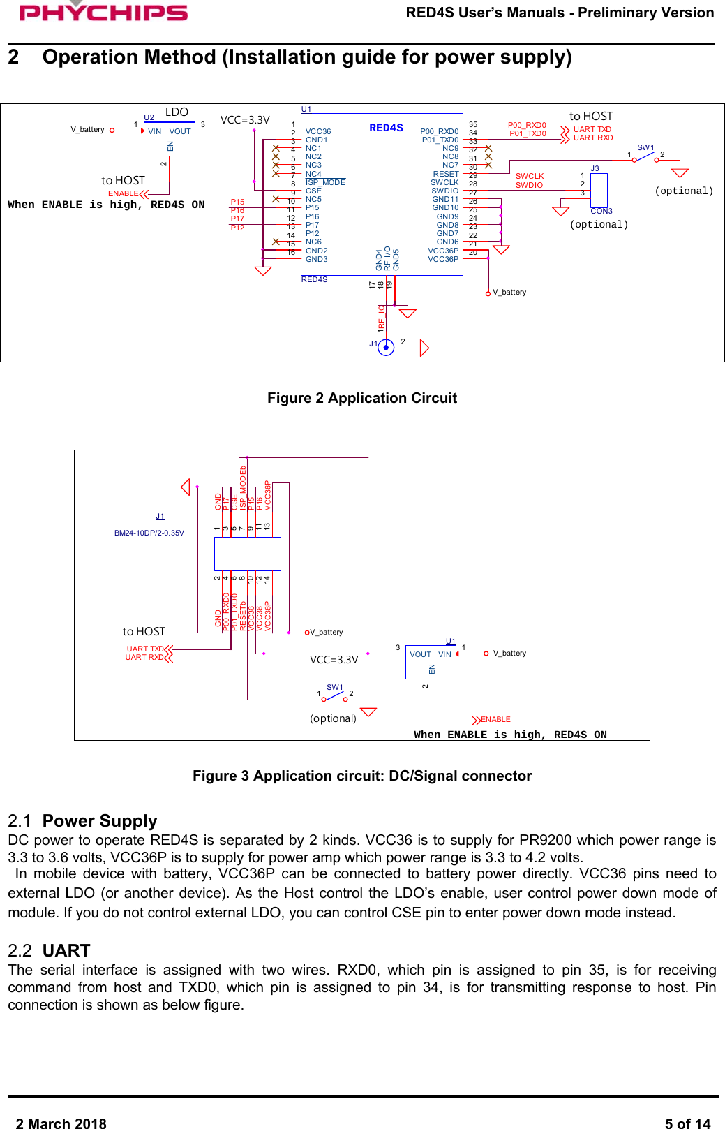       2 March 2018  5 of 14        RED4S User&rsquo;s Manuals - Preliminary Version     2  Operation Method (Installation guide for power supply)   to HOSTUART TXDUART RXDJ112J3CON3123(optional)U2VIN1EN2VOUT 3to HOSTVCC=3.3VLDOENABLEV_batteryV_batterySW11 2When ENABLE is high, RED4S ONRED4SU1RED4SVCC361GND12GND10 26GND9 25P00_RXD0 35P01_TXD0 34NC7 31NC13NC24NC35NC46NC59NC614 P1213NC9 33NC8 32GND215GND316GND417RF I/O18GND519VCC36P 20VCC36P 21GND6 22GND7 23P1510P1611ISP_MODE7P1712SWDIO 28SWCLK 29RESET 30CSE8GND11 27GND8 24RF_IOSWDIOSWCLKP00_RXD0P01_TXD0P16P12P15P17(optional)  Figure 2 Application Circuit   (optional)J1BM24-10DP/2-0.35V1234567891011121314P01_TXD0VCC36VCC36RESETbP00_RXD0ISP_MODEbCSEV_batteryVCC36PSW11 2U1VIN 1EN2VOUT3VCC=3.3VENABLEV_batteryWhen ENABLE is high, RED4S ONto HOSTUART RXDUART TXDP16P15P17GND GNDVCC36P  Figure 3 Application circuit: DC/Signal connector  2.1  Power Supply DC power to operate RED4S is separated by 2 kinds. VCC36 is to supply for PR9200 which power range is 3.3 to 3.6 volts, VCC36P is to supply for power amp which power range is 3.3 to 4.2 volts. In  mobile  device  with  battery,  VCC36P  can  be  connected  to  battery  power  directly.  VCC36  pins  need  to external LDO (or another device).  As  the  Host control the LDO&rsquo;s enable, user control power down mode of module. If you do not control external LDO, you can control CSE pin to enter power down mode instead.  2.2  UART  The  serial  interface  is  assigned  with  two  wires.  RXD0,  which  pin  is  assigned  to  pin  35,  is  for  receiving command  from  host  and  TXD0,  which  pin  is  assigned  to  pin  34,  is  for  transmitting  response  to  host.  Pin connection is shown as below figure. 
