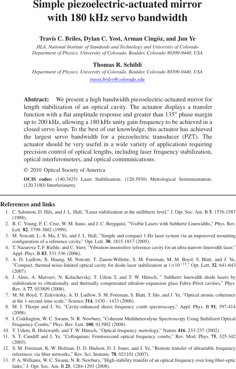 Page 1 of 8 - Physik Instrumente PZT Paper TO SUBMIT.dvi Brochure: Simple Piezoelectric-Actuated Mirror With 180 K Hz Servo Bandwidth The  PL033.31 Of (PI) Was Used For Ing Effect Lead. 1003.5962v1