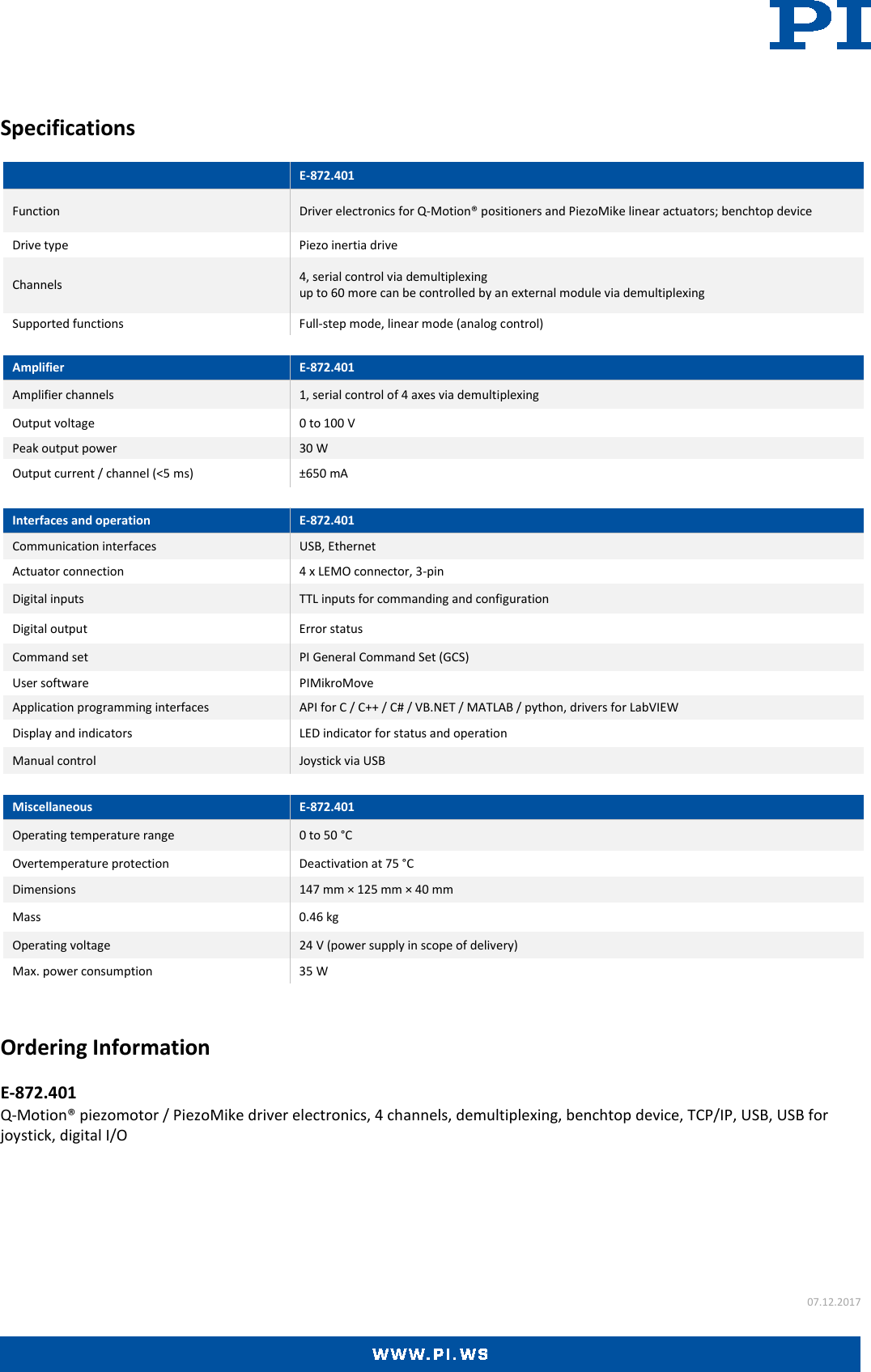 Page 2 of 2 - Physik Instrumente E-872.401 Datasheet  E-872.401-Datasheet