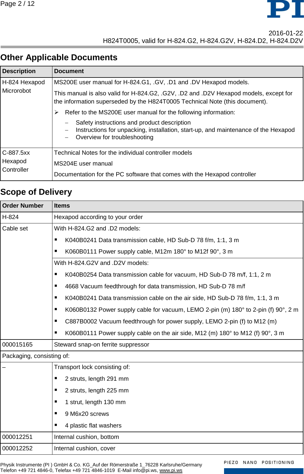 Page 2 of 12 - Physik Instrumente .  H824T0005 TN H-824 D2 G2 D2V G2V