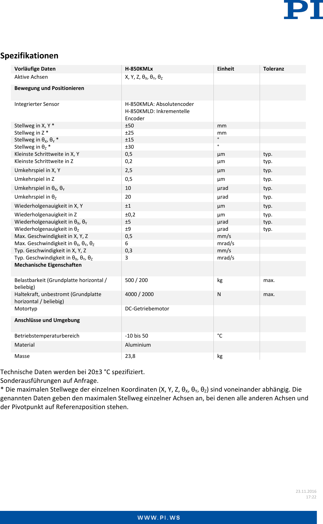 Page 2 of 3 - Physik Instrumente Datasheet  H-850KMLx Datenblatt