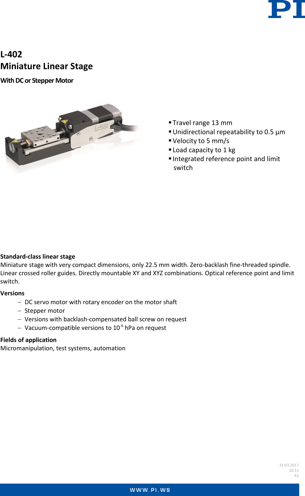 Page 1 of 5 - Physik Instrumente Datasheet  L-402