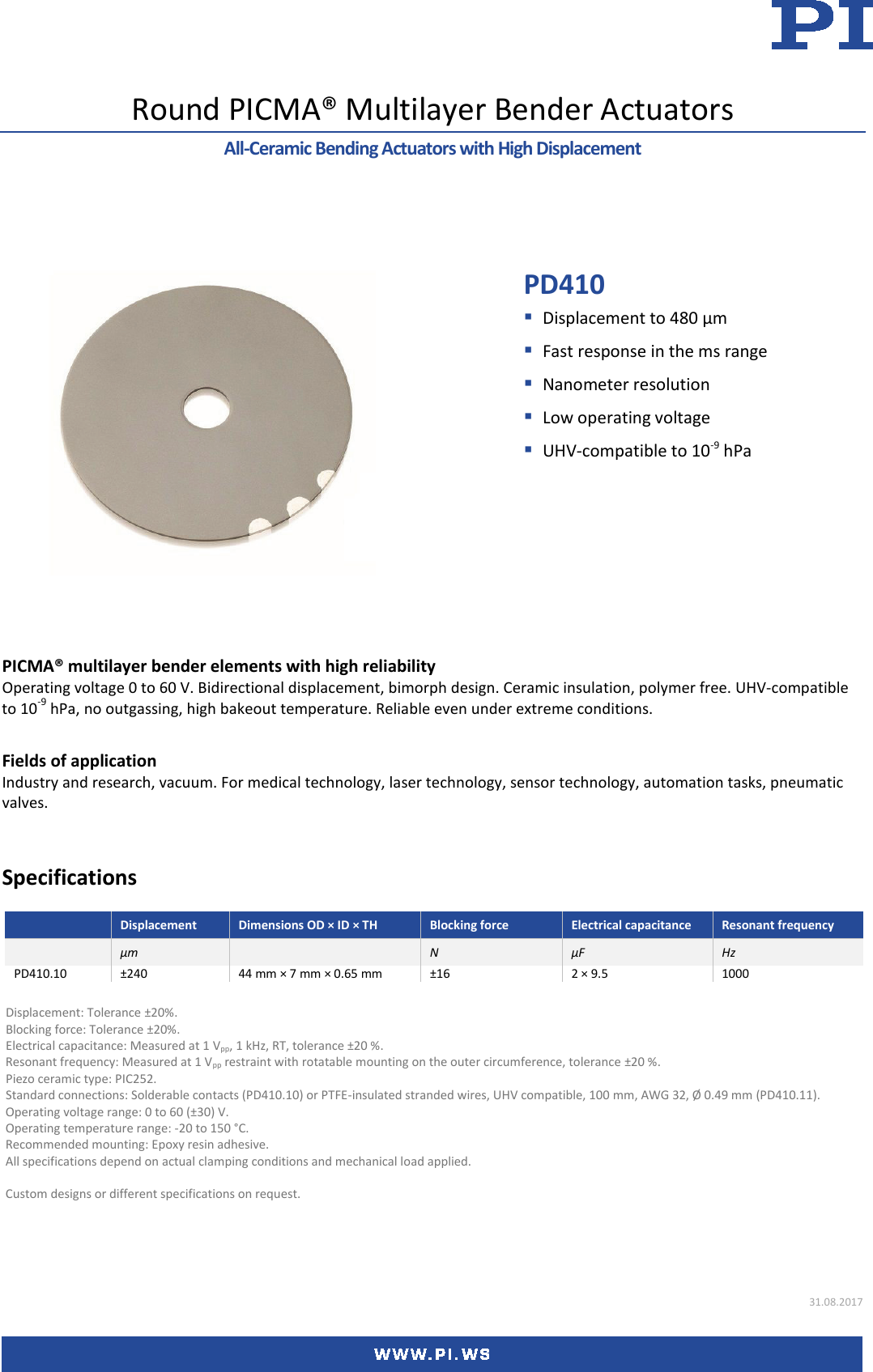 Page 1 of 2 - Physik Instrumente PD410 Datasheet  PD410-Datasheet