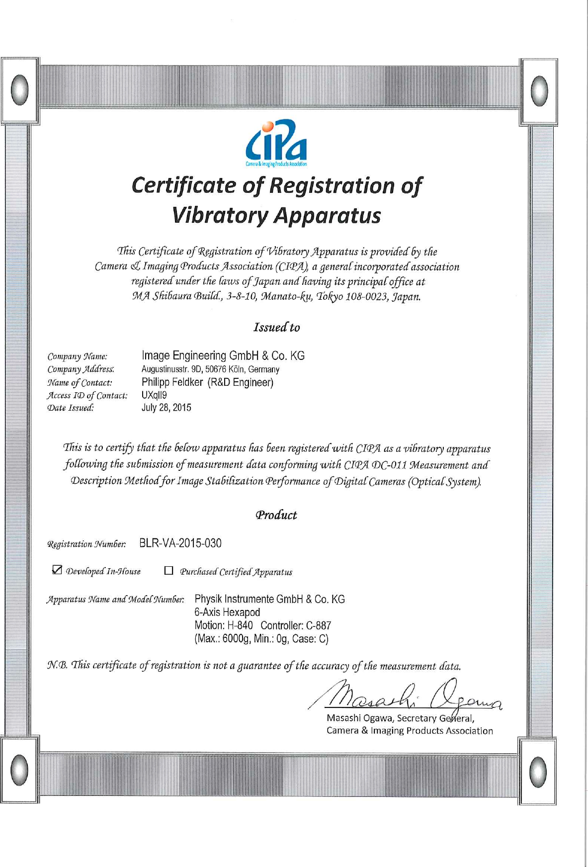 Page 1 of 1 - Physik Instrumente  PI Certificate Of Registration Vibratory Apparatus H-840