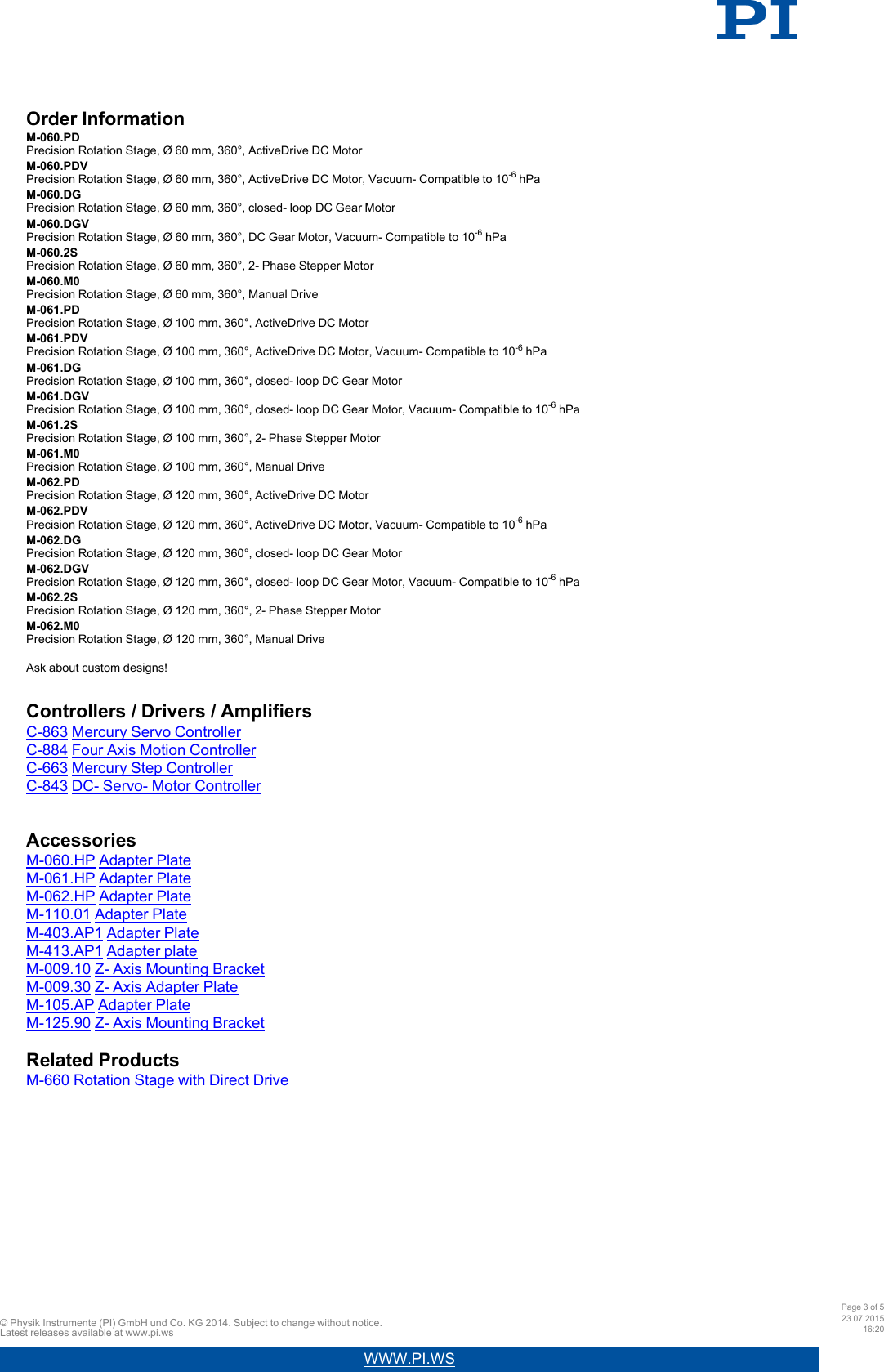Physik Instrumente PI Data Sheet M 060 061 062 42096