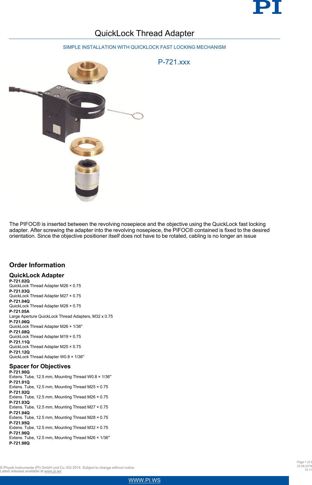 Physik Instrumente PI Data Sheet P 721 Xxx