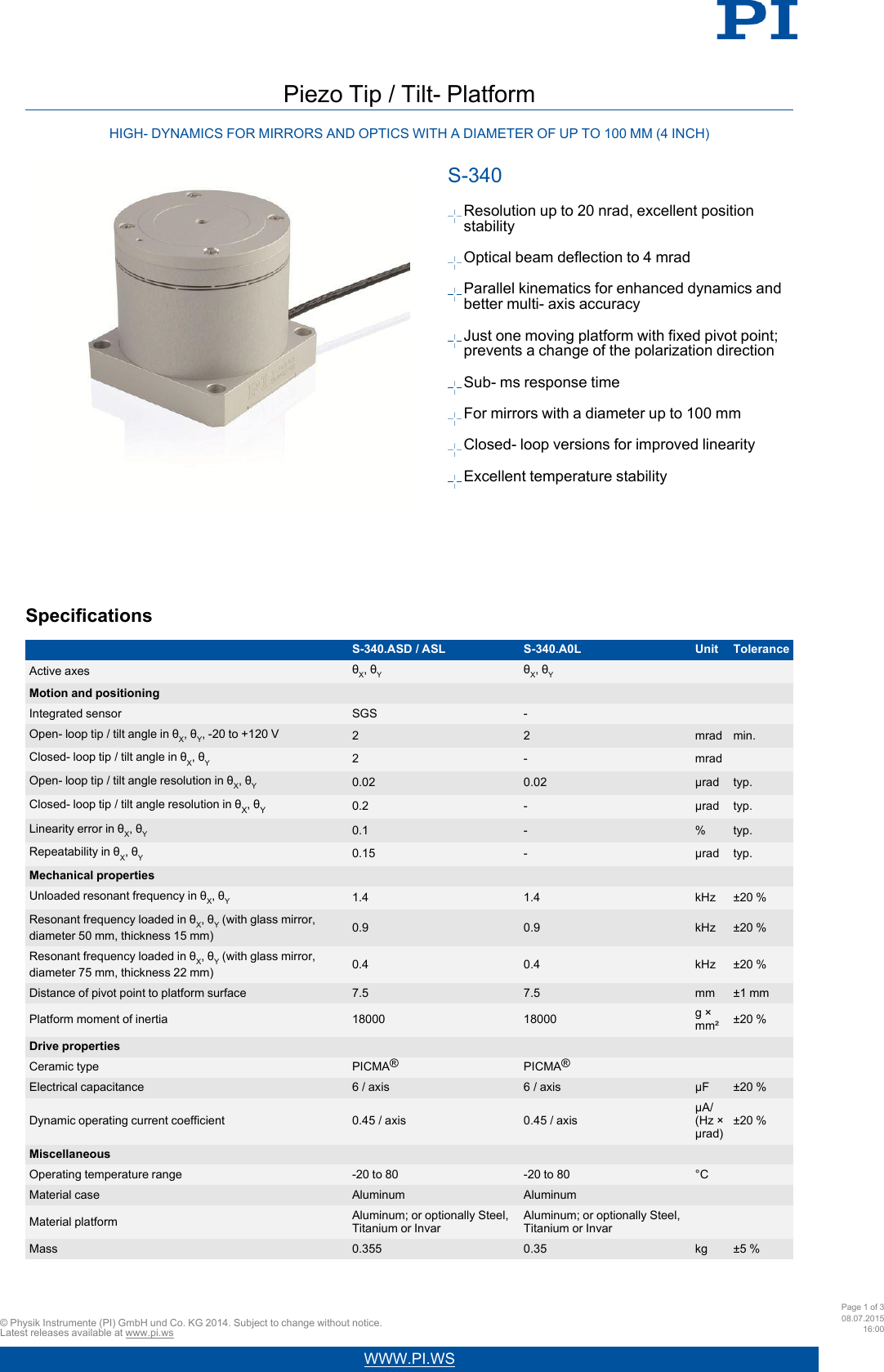Page 1 of 3 - Physik Instrumente  PI Data Sheet S-340 42032