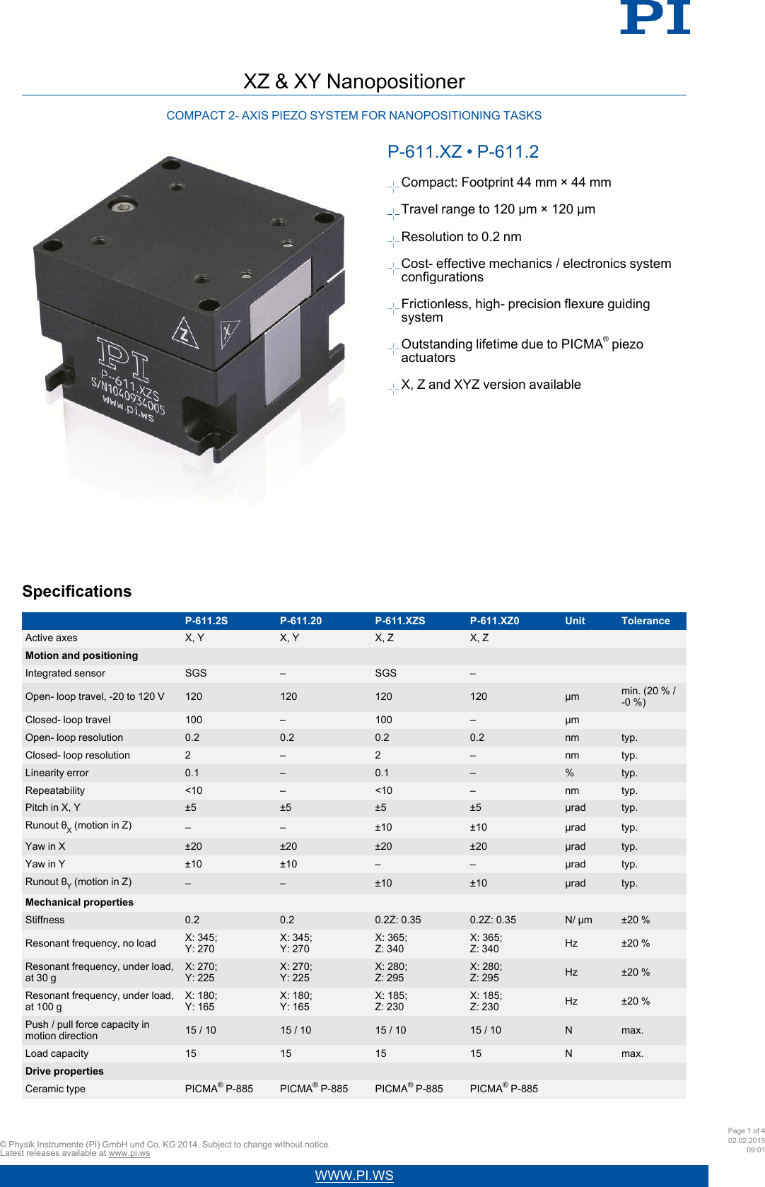 Page 1 of 4 - Physik Instrumente PI Datasheet P-611 XZ - 2 20150122