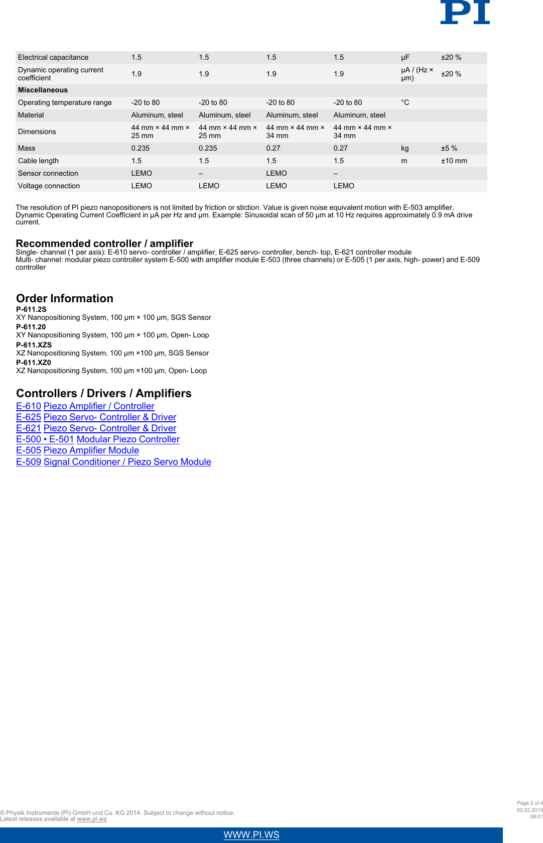 Page 2 of 4 - Physik Instrumente PI Datasheet P-611 XZ - 2 20150122