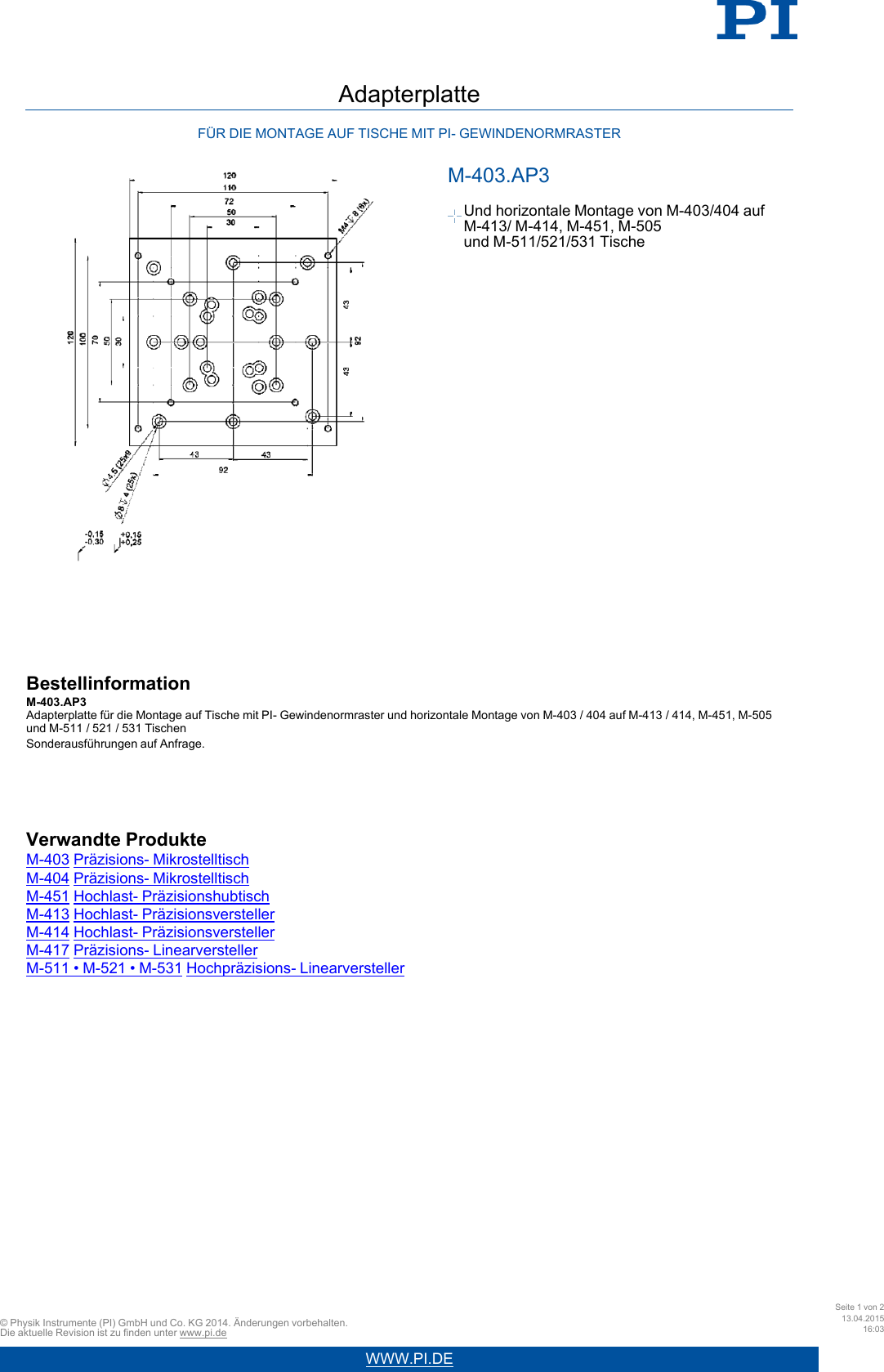 Physik Instrumente PI Datenblatt M 403 AP3 20150413