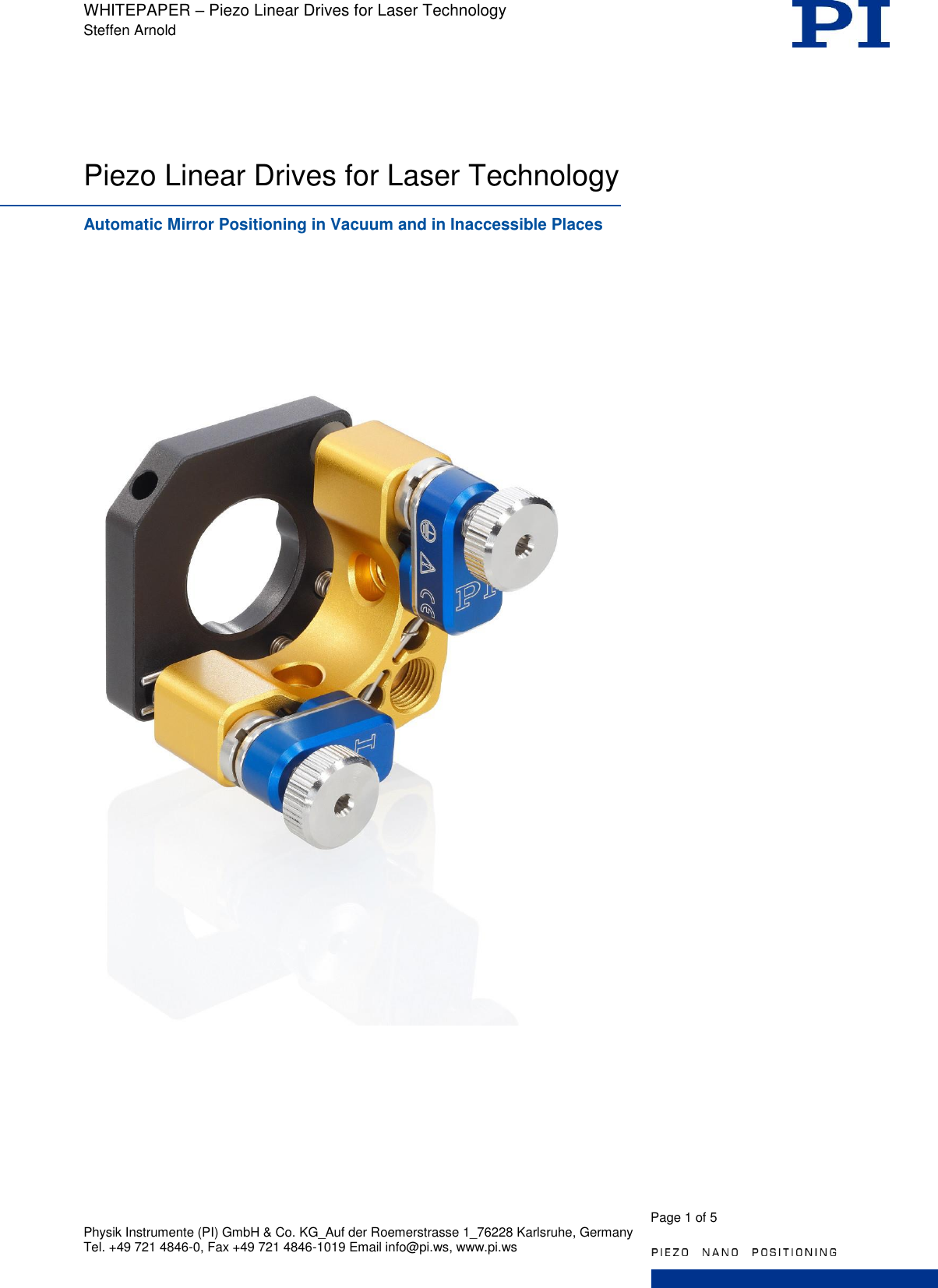 Page 1 of 5 - Physik Instrumente  PI WP Pi1124 Piezo Linear Drives For Laser Technology
