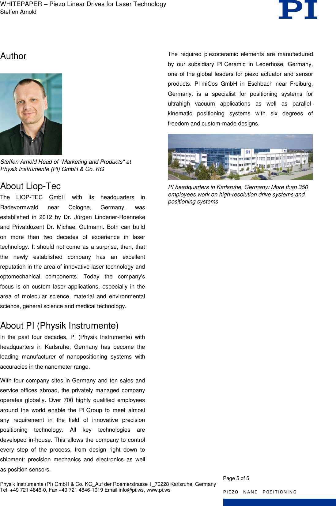 Page 5 of 5 - Physik Instrumente  PI WP Pi1124 Piezo Linear Drives For Laser Technology