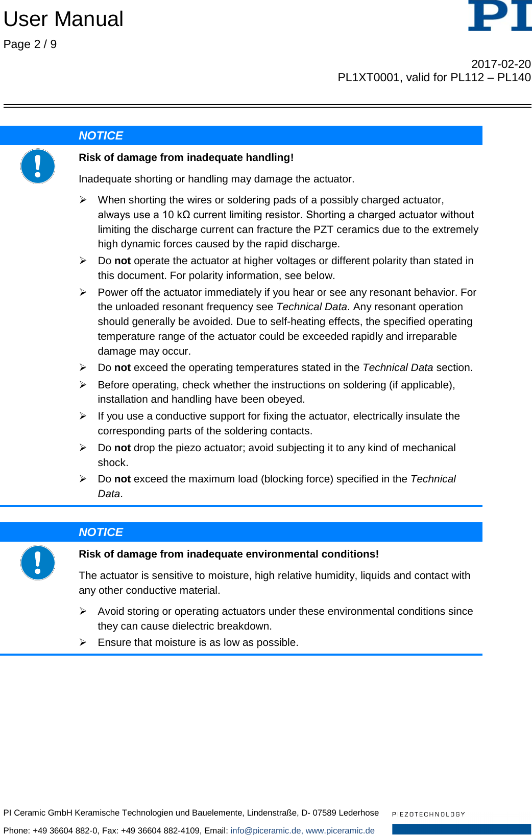 Page 2 of 9 - Physik Instrumente  User Manual PL1x T0001