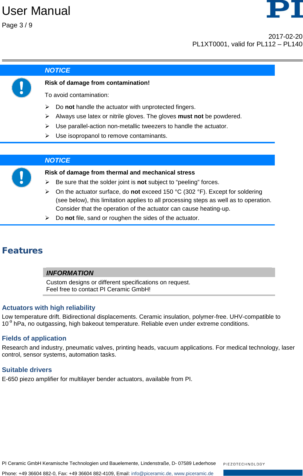 Page 3 of 9 - Physik Instrumente  User Manual PL1x T0001