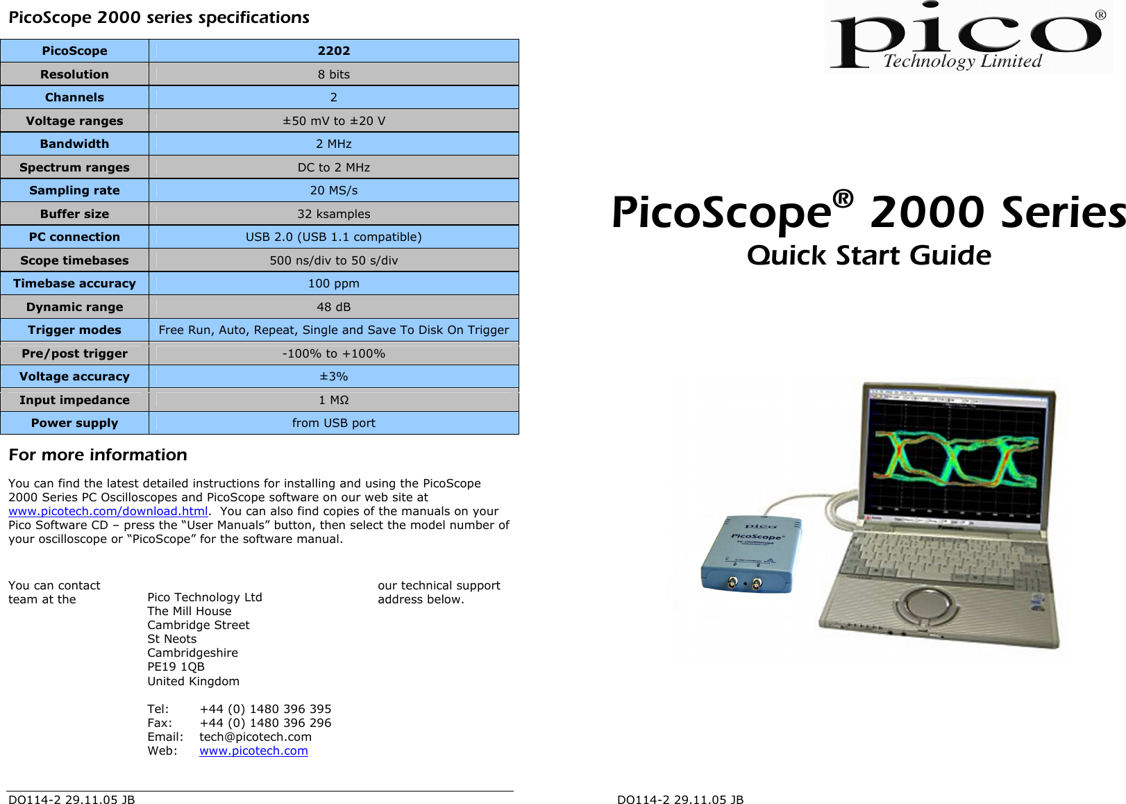 Page 1 of 2 - Pico-Communications Pico-Communications-Pico-Communications-Wireless-Office-Headset-2202-Users-Manual- DO114-2 PicoScope 2000 Series Quick Start Guide  Pico-communications-pico-communications-wireless-office-headset-2202-users-manual
