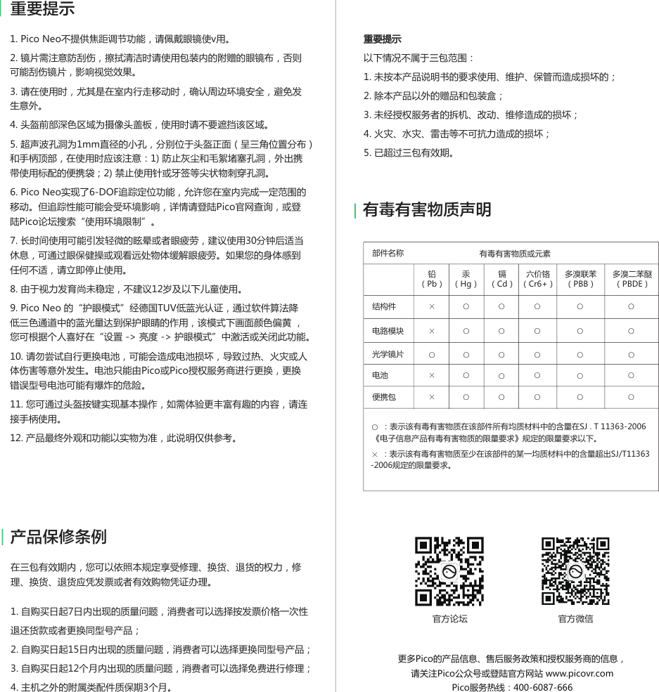 1. Pico Neo不提供焦距调节功能，请佩戴眼镜使v用。2. 镜片需注意防刮伤，擦拭清洁时请使用包装内的附赠的眼镜布，否则可能刮伤镜片，影响视觉效果。3. 请在使用时，尤其是在室内行走移动时，确认周边环境安全，避免发生意外。4. 头盔前部深色区域为摄像头盖板，使用时请不要遮挡该区域。5. 超声波孔洞为1mm直径的小孔，分别位于头盔正面（呈三角位置分布）和手柄顶部，在使用时应该注意：1) 防止灰尘和毛絮堵塞孔洞，外出携带使用标配的便携袋；2) 禁止使用针或牙签等尖状物刺穿孔洞。6. Pico Neo实现了6-DOF追踪定位功能，允许您在室内完成一定范围的移动。但追踪性能可能会受环境影响，详情请登陆Pico官网查询，或登陆Pico论坛搜索“使用环境限制”。7. 长时间使用可能引发轻微的眩晕或者眼疲劳，建议使用30分钟后适当休息，可通过眼保健操或观看远处物体缓解眼疲劳。如果您的身体感到任何不适，请立即停止使用。8. 由于视力发育尚未稳定，不建议12岁及以下儿童使用。9. Pico Neo 的“护眼模式”经德国TUV低蓝光认证，通过软件算法降低三色通道中的蓝光量达到保护眼睛的作用，该模式下画面颜色偏黄 ，您可根据个人喜好在“设置 -&gt; 亮度 -&gt; 护眼模式”中激活或关闭此功能。10. 请勿尝试自行更换电池，可能会造成电池损坏，导致过热、火灾或人体伤害等意外发生。电池只能由Pico或Pico授权服务商进行更换，更换错误型号电池可能有爆炸的危险。11. 您可通过头盔按键实现基本操作，如需体验更丰富有趣的内容，请连接手柄使用。12. 产品最终外观和功能以实物为准，此说明仅供参考。重要提示重要提示以下情况不属于三包范围：1. 未按本产品说明书的要求使用、维护、保管而造成损坏的；2. 除本产品以外的赠品和包装盒；3. 未经授权服务者的拆机、改动、维修造成的损坏；4. 火灾、水灾、雷击等不可抗力造成的损坏；5. 已超过三包有效期。在三包有效期内，您可以依照本规定享受修理、换货、退货的权力，修理、换货、退货应凭发票或者有效购物凭证办理。1. 自购买日起7日内出现的质量问题，消费者可以选择按发票价格一次性退还货款或者更换同型号产品；2. 自购买日起15日内出现的质量问题，消费者可以选择更换同型号产品；3. 自购买日起12个月内出现的质量问题，消费者可以选择免费进行修理；4. 主机之外的附属类配件质保期3个月。产品保修条例有毒有害物质声明  ×○ ○ ○ ○○ ×○ ○ ○ ○ ○ ○○○ ○ ○ ×○○ ○○○○×○○○ ○ 部件名称铅结构件电路模块光学镜片电池便携包（Pb）汞（Hg）镉（Cd）六价铬（Cr6+）多溴联苯（PBB）多溴二苯醚（PBDE）有毒有害物质或元素○○×       ：表示该有毒有害物质至少在该部件的某一均质材料中的含量超出SJ/T11363-2006规定的限量要求。      ：表示该有毒有害物质在该部件所有均质材料中的含量在SJ . T 11363-2006《电子信息产品有毒有害物质的限量要求》规定的限量要求以下。更多Pico的产品信息、售后服务政策和授权服务商的信息，请关注Pico公众号或登陆官方网站 www.picovr.comPico服务热线：400-6087-666官方微信官方论坛