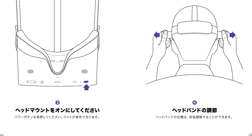 44 453ヘッドマウントをオンにしてくださいパワーボタンを長押してください 。ライトが青色で 光ります。4ヘッドバ ンド の 調 節ヘ ッ ド バ ン ド の 位 置 は 、前 後 調 整 す る こ と が で き ま す 。