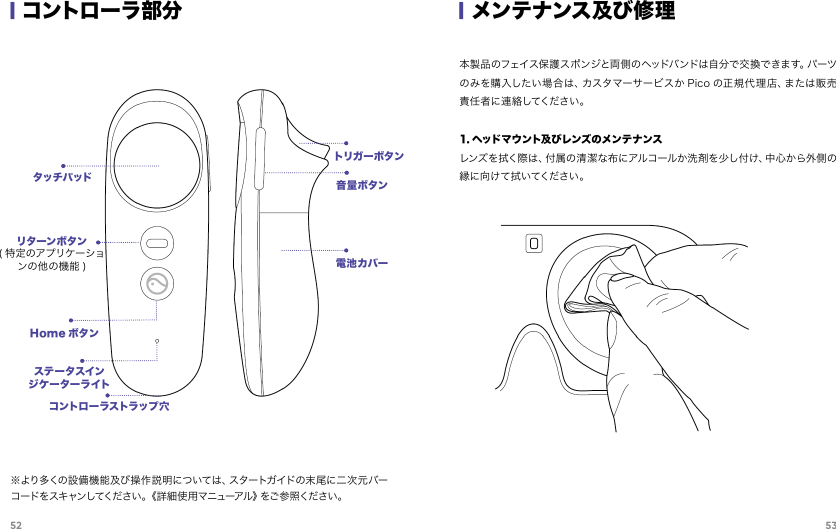 52 53|コントローラ部分タッチパッドリターンボタン( 特定のアプリケーションの他の機能 )Home ボタンステ ータスインジケ ー ターラ イトコントローラストラップ穴音量ボタン電池カバートリガーボタン※より多くの設備機能及び操作説明については、スタートガイドの末尾に二次元バーコードをスキャンしてください。《詳 細使用マニューアル》をご参 照ください。本製品のフェイス保護スポンジと両 側のヘッドバンドは自分で交換できます。パーツのみを購入したい 場合は、カスタマーサービスか Pico の正規代 理 店、または販 売責任者に連絡してください。1. ヘッドマウント及 びレンズのメンテナンスレンズを拭く際は、付属の清潔な布にアルコールか洗剤を少し付け、中心から外側の縁 に 向 け て 拭い てくだ さい 。|メンテナンス及び修理