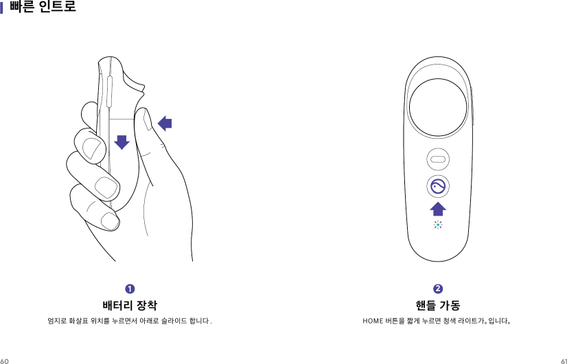 60 61|빠른 인트로배터리 장착엄지로 화살표 위치를 누르면서 아래로 슬라이드 합니다 .1핸들 가동HOME 버튼을 짧게 누르면 청색 라이트가。입니다。2
