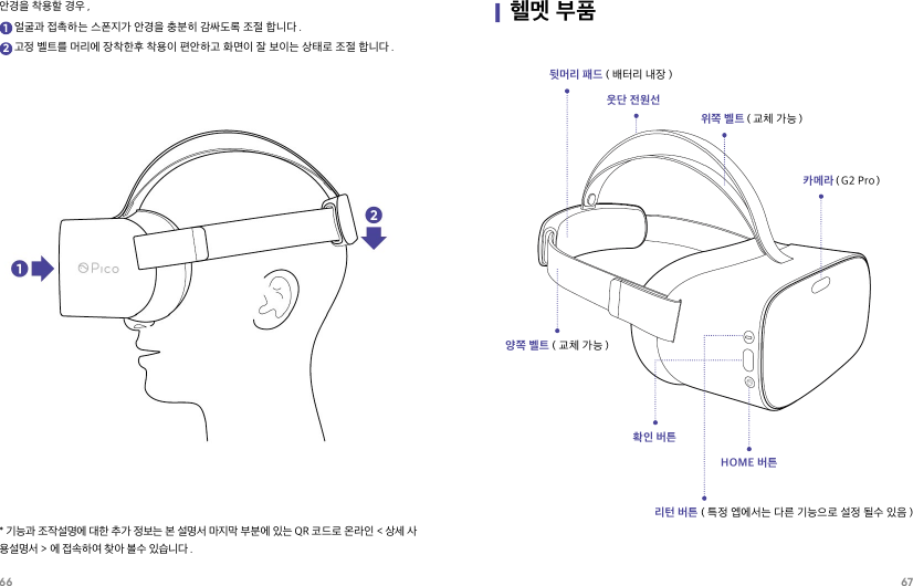 66 67안경을 착용할 경우 ,      얼굴과 접촉하는 스폰지가 안경을 충분히 감싸도록 조절 합니다 .     고정 벨트를 머리에 장착한후 착용이 편안하고 화면이 잘 보이는 상태로 조절 합니다 .12* 기능과 조작설명에 대한 추가 정보는 본 설명서 마지막 부분에 있는 QR 코드로 온라인 &lt; 상세 사용설명서 &gt; 에 접속하여 찾아 볼수 있습니다 .|헬멧 부품위쪽 벨트 ( 교체 가능 )웃단 전원선뒷머리 패드 ( 배터리 내장 )양쪽 벨트 ( 교체 가능 )리턴 버튼 ( 특정 엡에서는 다른 기능으로 설정 될수 있음 )확인 버튼HOME 버튼카메라（G2 Pro）