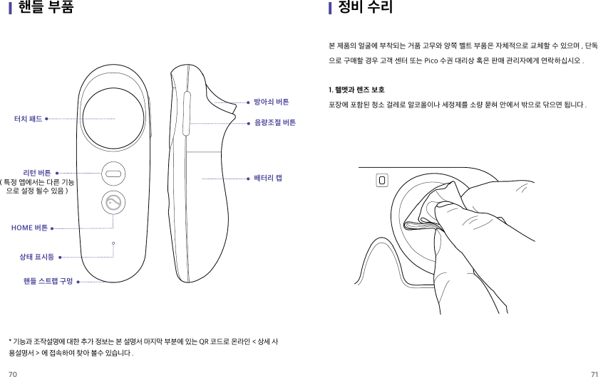 70 71|핸들 부품터치 패드리턴 버튼( 특정 엡에서는 다른 기능으로 설정 될수 있음 )HOME 버튼상태 표시등핸들 스트랩 구멍음량조절 버튼배터리 캡방아쇠 버튼* 기능과 조작설명에 대한 추가 정보는 본 설명서 마지막 부분에 있는 QR 코드로 온라인 &lt; 상세 사용설명서 &gt; 에 접속하여 찾아 볼수 있습니다 .본 제품의 얼굴에 부착되는 거품 고무와 양쪽 벨트 부품은 자체적으로 교체할 수 있으며 , 단독으로 구매할 경우 고객 센터 또는 Pico 수권 대리상 혹은 판매 관리자에게 연락하십시오 .1. 헬멧과 렌즈 보호포장에 포함된 청소 걸레로 알코올이나 세정제를 소량 묻혀 안에서 밖으로 닦으면 됩니다 .|정비 수리