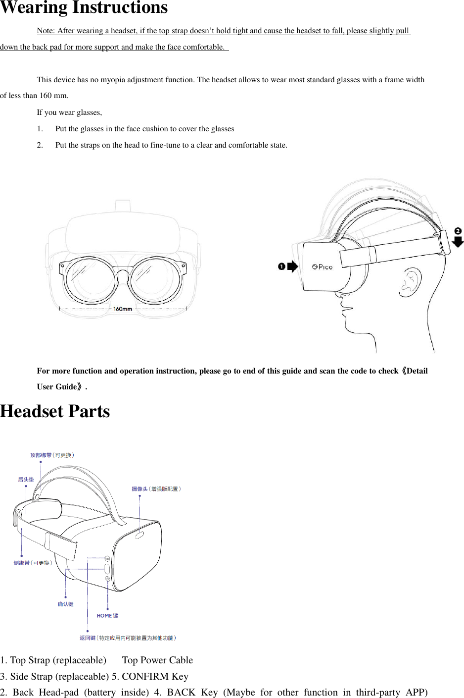 Wearing Instructions Note: After wearing a headset, if the top strap doesn’t hold tight and cause the headset to fall, please slightly pull down the back pad for more support and make the face comfortable.                      This device has no myopia adjustment function. The headset allows to wear most standard glasses with a frame width of less than 160 mm. If you wear glasses,   1. Put the glasses in the face cushion to cover the glasses 2. Put the straps on the head to fine-tune to a clear and comfortable state.   For more function and operation instruction, please go to end of this guide and scan the code to check《Detail User Guide》. Headset Parts   1. Top Strap (replaceable)    Top Power Cable 3. Side Strap (replaceable) 5. CONFIRM Key 2.  Back  Head-pad  (battery  inside)  4.  BACK  Key  (Maybe  for  other  function  in  third-party  APP) 
