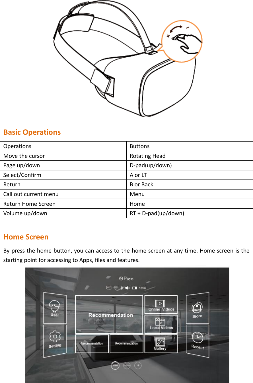  Basic Operations Operations Buttons Move the cursor Rotating Head Page up/down D-pad(up/down) Select/Confirm A or LT   Return B or Back Call out current menu Menu Return Home Screen Home Volume up/down RT + D-pad(up/down)  Home Screen By press the home button, you can access to the home screen at any time. Home screen is the starting point for accessing to Apps, files and features.    