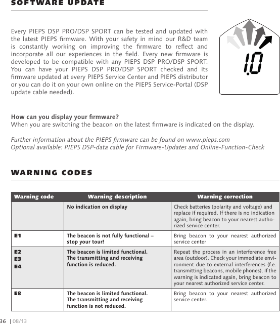 SOFTWARE UPDATEWARNING CODESEvery PIEPS  DSP  PRO/DSP  SPORT  can be  tested  and  updated  with the  latest  PIEPS  rmware. With  your  safety in  mind  our R&amp;D  team is  constantly  working  on  improving  the  rmware  to  reect  and incorporate  all  our  experiences  in  the  eld.  Every  new  rmware  is developed  to  be  compatible  with  any  PIEPS  DSP  PRO/DSP  SPORT. You  can  have  your  PIEPS  DSP  PRO/DSP  SPORT  checked  and  its rmware updated at every PIEPS Service Center and PIEPS distributor or you can do it on your own online on the PIEPS Service-Portal (DSP update cable needed). How can you display your rmware?When you are switching the beacon on the latest rmware is indicated on the display. Further information about the PIEPS rmware can be found on www.pieps.comOptional available: PIEPS DSP-data cable for Firmware-Updates and Online-Function-CheckWarning code  Warning description Warning correctionNo indication on display Check batteries (polarity and voltage) and replace if required. If there is no indication again, bring beacon to your nearest autho-rized service center.E1 The beacon is not fully functional – stop your tour!Bring  beacon  to  your  nearest  authorized service centerE2E3E4The beacon is limited functional. The transmitting and receiving function is reduced.Repeat  the  process in  an  interference  free area (outdoor). Check your immediate envi-ronment due to external  interferences (f.e. transmitting beacons, mobile phones). If the warning is indicated again, bring beacon to your nearest authorized service center.E8The beacon is limited functional. The transmitting and receiving function is not reduced.Bring  beacon  to  your  nearest  authorized service center.| 08/1336