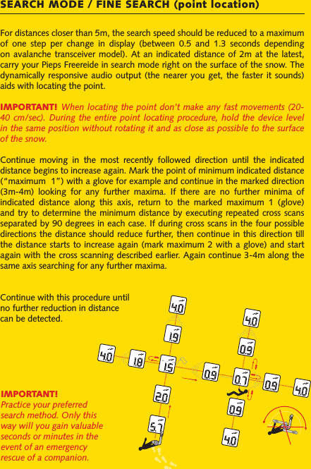 For distances closer than 5m, the search speed should be reduced to a maximum of  one  step  per  change  in  display  (between  0.5  and  1.3  seconds  depending on avalanche transceiver  model).  At  an  indicated  distance  of  2m  at  the  latest, carry your Pieps Freereide in search mode right on the surface of the snow. The dynamically responsive  audio  output  (the nearer you  get,  the  faster  it sounds) aids with locating the point.IMPORTANT! When locating the point don’t make any fast movements (20-40 cm/sec). During  the  entire  point  locating  procedure,  hold  the  device  level in the same position without rotating it and as close as possible to the surface of the snow.Continue  moving  in  the  most  recently  followed  direction  until  the  indicated distance begins to increase again. Mark the point of minimum indicated distance (“maximum  1”) with a glove for example and continue in the marked direction (3m-4m)  looking  for  any  further  maxima.  If  there  are  no  further  minima  of indicated  distance  along  this  axis,  return  to  the  marked  maximum  1  (glove) and try  to determine the  minimum distance by  executing repeated cross scans separated by 90 degrees in each case. If during cross scans in the four possible directions the distance should reduce further, then continue in this direction till the distance starts  to increase again  (mark maximum 2 with a  glove) and start again with the cross scanning described earlier. Again continue 3-4m along the same axis searching for any further maxima. Continue with this procedure until no further reduction in distance can be detected.SEARCH MODE / FINE SEARCH (point location)IMPORTANT! Practice your preferred search method. Only this way will you gain valuable seconds or minutes in the event of an emergency rescue of a companion.