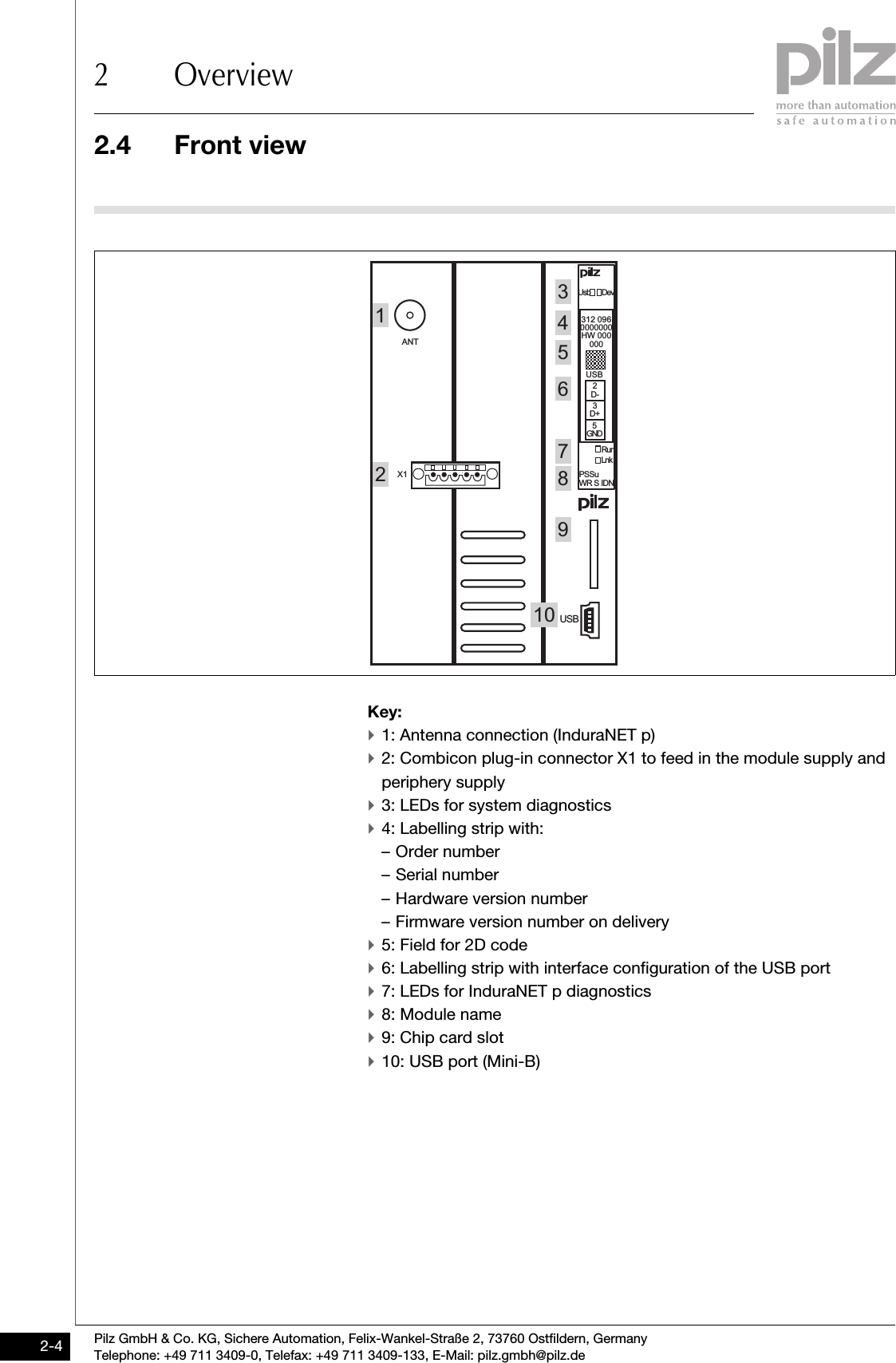 2.4 Front view2 OverviewPilz GmbH &amp; Co. KG, Sichere Automation, Felix-Wankel-Straße 2, 73760 Ostfildern, GermanyTelephone: +49 711 3409-0, Telefax: +49 711 3409-133, E-Mail: pilz.gmbh@pilz.de2-42.4Front view2400Front view2-Key:`1: Antenna connection (InduraNET p)`2: Combicon plug-in connector X1 to feed in the module supply and periphery supply`3: LEDs for system diagnostics`4: Labelling strip with:–Order number– Serial number– Hardware version number– Firmware version number on delivery`5: Field for 2D code`6: Labelling strip with interface configuration of the USB port`7: LEDs for InduraNET p diagnostics`8: Module name`9: Chip card slot`10: USB port (Mini-B)PSSuWR S IDNUsb DevUSB2D  -3D  +5G N DUSB312 0960000000HW 000000RunLnkANTX112345678109