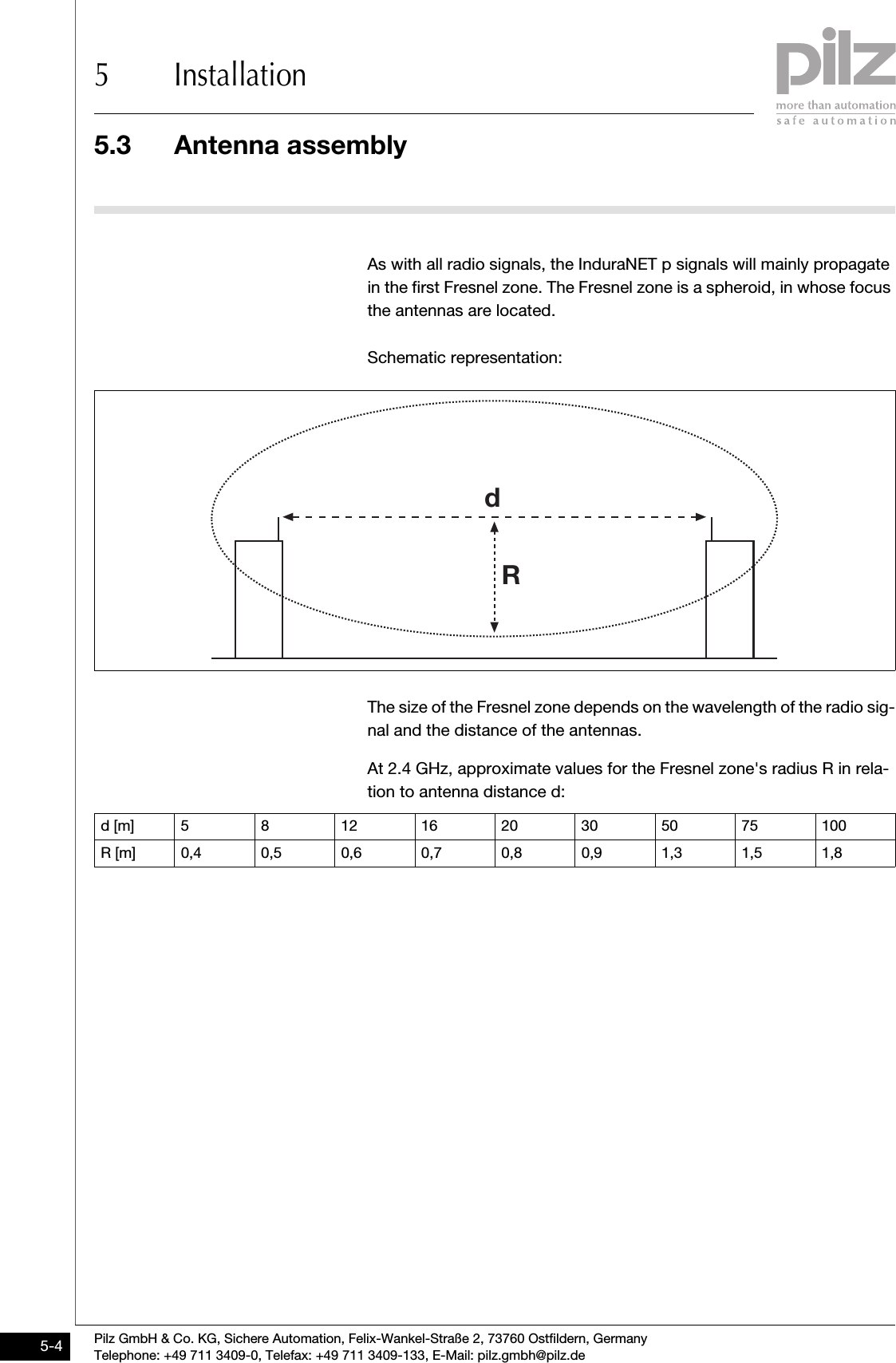 5.3 Antenna assembly5 InstallationPilz GmbH &amp; Co. KG, Sichere Automation, Felix-Wankel-Straße 2, 73760 Ostfildern, GermanyTelephone: +49 711 3409-0, Telefax: +49 711 3409-133, E-Mail: pilz.gmbh@pilz.de5-45.3Antenna assembly5300Antenna assembly5-As with all radio signals, the InduraNET p signals will mainly propagate in the first Fresnel zone. The Fresnel zone is a spheroid, in whose focus the antennas are located.Schematic representation:The size of the Fresnel zone depends on the wavelength of the radio sig-nal and the distance of the antennas.At 2.4 GHz, approximate values for the Fresnel zone&apos;s radius R in rela-tion to antenna distance d: d [m]5 8 121620305075100R [m] 0,4 0,5 0,6 0,7 0,8 0,9 1,3 1,5 1,8dR