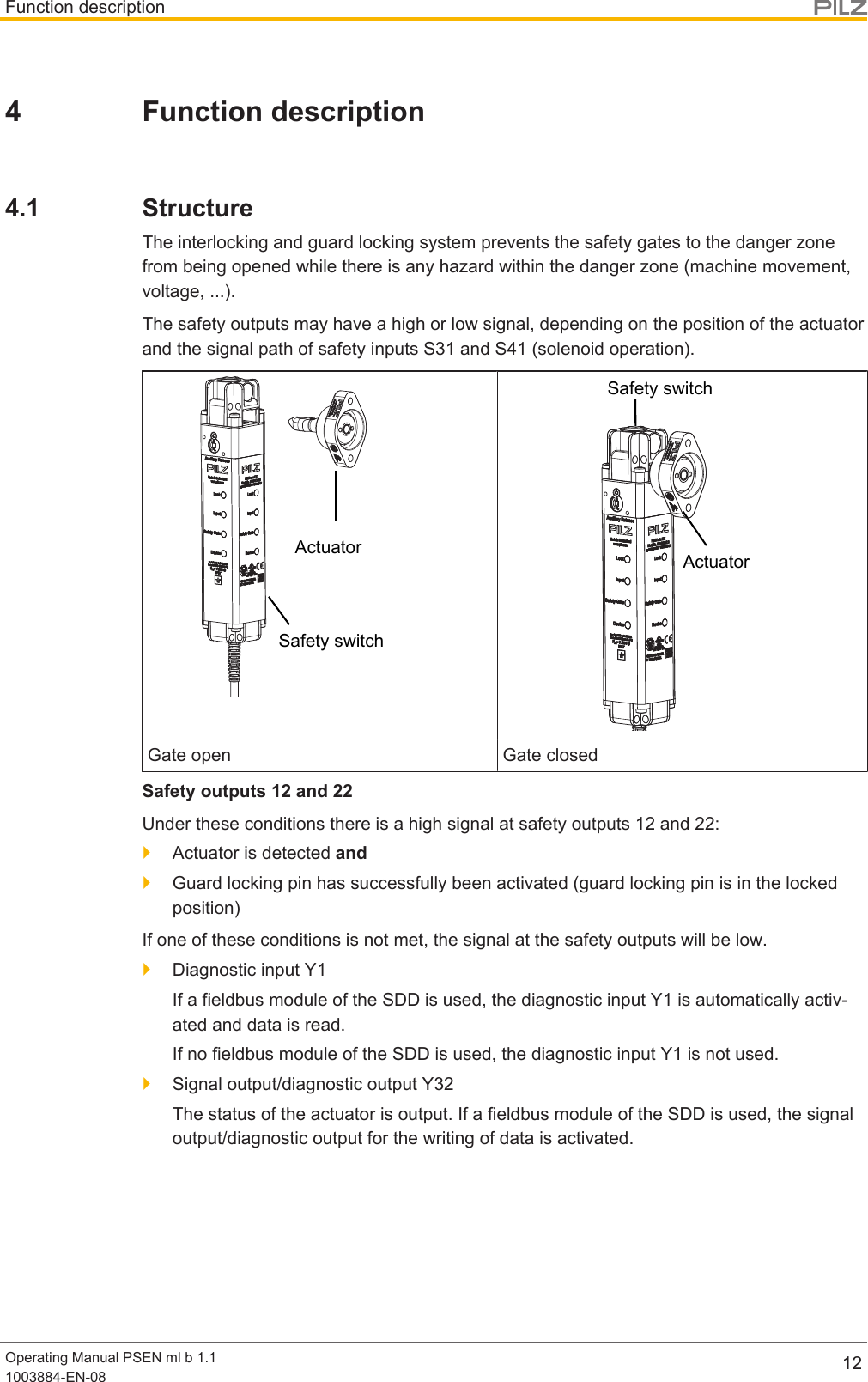 Function descriptionOperating Manual PSEN ml b 1.11003884-EN-08 124 Function description4.1 StructureThe interlocking and guard locking system prevents the safety gates to the danger zonefrom being opened while there is any hazard within the danger zone (machine movement,voltage, ...).The safety outputs may have a high or low signal, depending on the position of the actuatorand the signal path of safety inputs S31 and S41 (solenoid operation).Safety switchActuatorSafety switchActuatorGate open Gate closedSafety outputs 12 and 22Under these conditions there is a high signal at safety outputs 12 and 22:}Actuator is detected and}Guard locking pin has successfully been activated (guard locking pin is in the lockedposition)If one of these conditions is not met, the signal at the safety outputs will be low.}Diagnostic input Y1If a fieldbus module of the SDD is used, the diagnostic input Y1 is automatically activ-ated and data is read.If no fieldbus module of the SDD is used, the diagnostic input Y1 is not used.}Signal output/diagnostic output Y32The status of the actuator is output. If a fieldbus module of the SDD is used, the signaloutput/diagnostic output for the writing of data is activated.