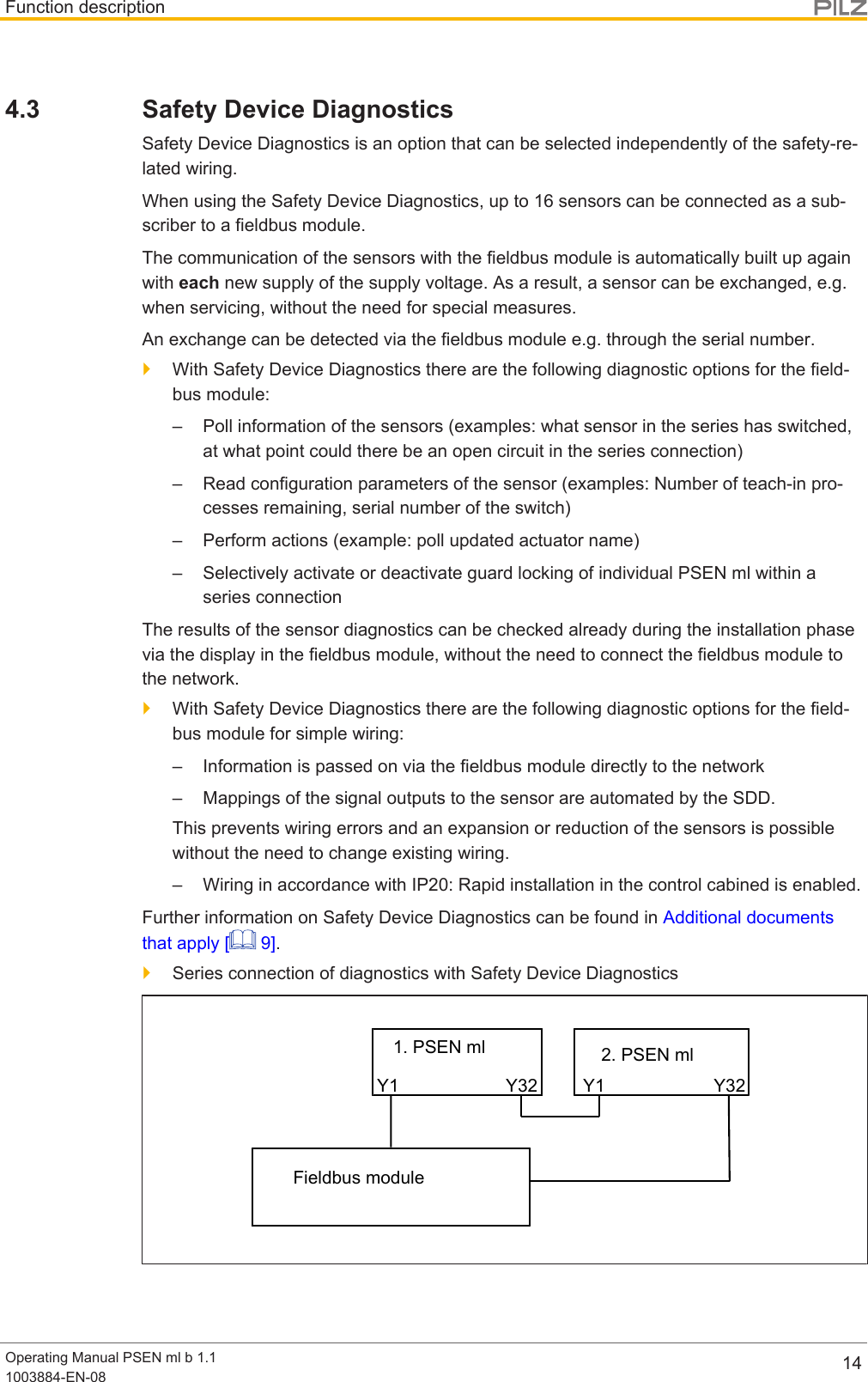 Function descriptionOperating Manual PSEN ml b 1.11003884-EN-08 144.3 Safety Device DiagnosticsSafety Device Diagnostics is an option that can be selected independently of the safety-re-lated wiring.When using the Safety Device Diagnostics, up to 16 sensors can be connected as a sub-scriber to a fieldbus module.The communication of the sensors with the fieldbus module is automatically built up againwith each new supply of the supply voltage. As a result, a sensor can be exchanged, e.g.when servicing, without the need for special measures.An exchange can be detected via the fieldbus module e.g. through the serial number.}With Safety Device Diagnostics there are the following diagnostic options for the field-bus module:– Poll information of the sensors (examples: what sensor in the series has switched,at what point could there be an open circuit in the series connection)– Read configuration parameters of the sensor (examples: Number of teach-in pro-cesses remaining, serial number of the switch)– Perform actions (example: poll updated actuator name)– Selectively activate or deactivate guard locking of individual PSEN ml within aseries connectionThe results of the sensor diagnostics can be checked already during the installation phasevia the display in the fieldbus module, without the need to connect the fieldbus module tothe network.}With Safety Device Diagnostics there are the following diagnostic options for the field-bus module for simple wiring:– Information is passed on via the fieldbus module directly to the network– Mappings of the signal outputs to the sensor are automated by the SDD.This prevents wiring errors and an expansion or reduction of the sensors is possiblewithout the need to change existing wiring.– Wiring in accordance with IP20: Rapid installation in the control cabined is enabled.Further information on Safety Device Diagnostics can be found in Additional documentsthat apply [  9].}Series connection of diagnostics with Safety Device DiagnosticsY1 Y32 Y1 Y321. PSEN ml 2. PSEN mlFieldbus module