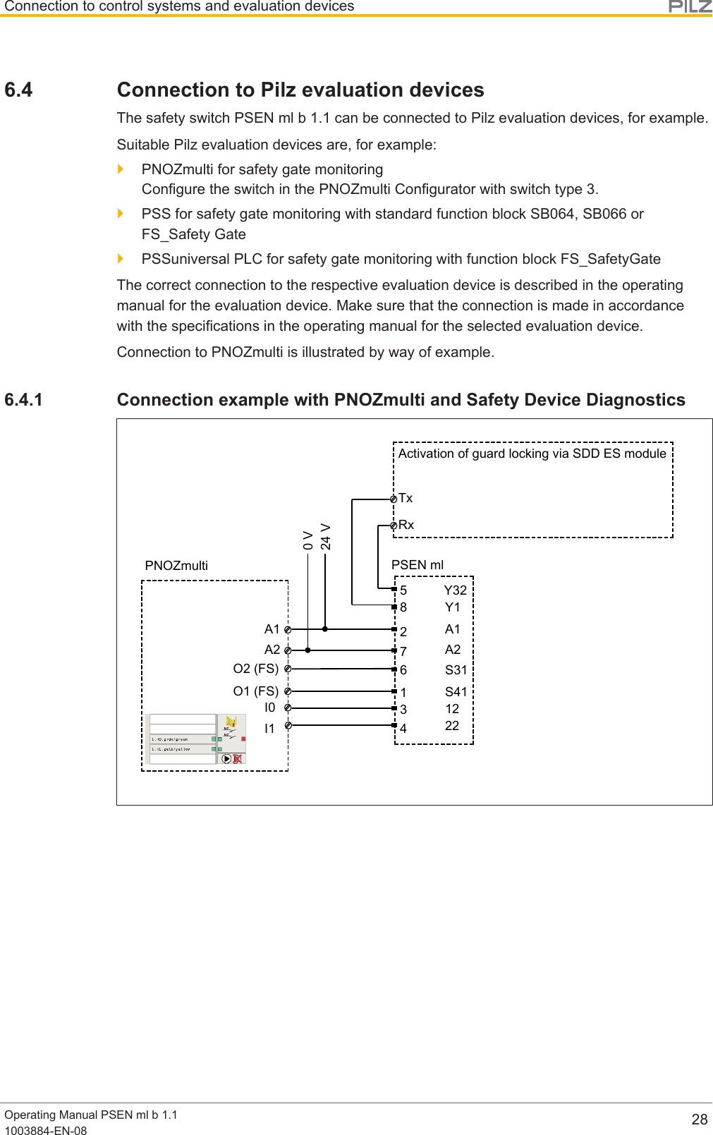 Connection to control systems and evaluation devicesOperating Manual PSEN ml b 1.11003884-EN-08 286.4 Connection to Pilz evaluation devicesThe safety switch PSEN ml b 1.1 can be connected to Pilz evaluation devices, for example.Suitable Pilz evaluation devices are, for example:}PNOZmulti for safety gate monitoringConfigure the switch in the PNOZmulti Configurator with switch type 3.}PSS for safety gate monitoring with standard function block SB064, SB066 orFS_SafetyGate}PSSuniversal PLC for safety gate monitoring with function block FS_SafetyGateThe correct connection to the respective evaluation device is described in the operatingmanual for the evaluation device. Make sure that the connection is made in accordancewith the specifications in the operating manual for the selected evaluation device.Connection to PNOZmulti is illustrated by way of example.6.4.1 Connection example with PNOZmulti and Safety Device DiagnosticsA1A2I0I1A1A2Y32Y1122212345678PNOZmulti PSEN ml0 V24 VS31S41O2 (FS)O1 (FS)TxRxActivation of guard locking via SDD ES module