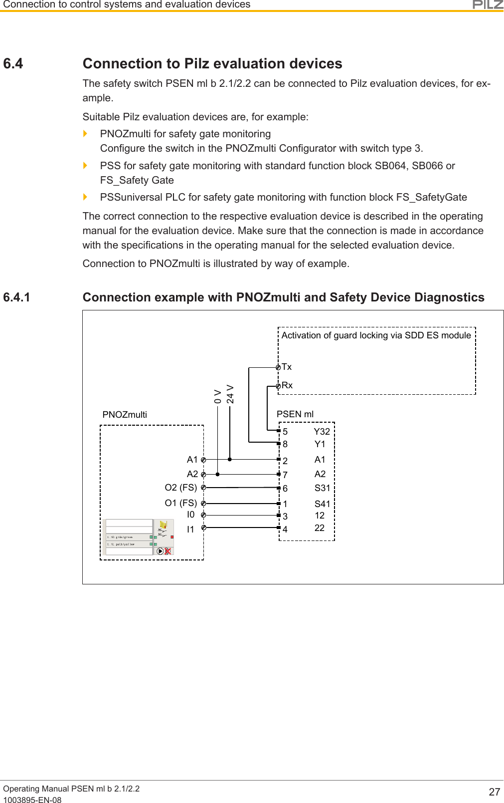 Connection to control systems and evaluation devicesOperating Manual PSEN ml b 2.1/2.21003895-EN-08 276.4 Connection to Pilz evaluation devicesThe safety switch PSEN ml b 2.1/2.2 can be connected to Pilz evaluation devices, for ex-ample.Suitable Pilz evaluation devices are, for example:}PNOZmulti for safety gate monitoringConfigure the switch in the PNOZmulti Configurator with switch type 3.}PSS for safety gate monitoring with standard function block SB064, SB066 orFS_SafetyGate}PSSuniversal PLC for safety gate monitoring with function block FS_SafetyGateThe correct connection to the respective evaluation device is described in the operatingmanual for the evaluation device. Make sure that the connection is made in accordancewith the specifications in the operating manual for the selected evaluation device.Connection to PNOZmulti is illustrated by way of example.6.4.1 Connection example with PNOZmulti and Safety Device DiagnosticsA1A2I0I1A1A2Y32Y1122212345678PNOZmulti PSEN ml0 V24 VS31S41O2 (FS)O1 (FS)TxRxActivation of guard locking via SDD ES module