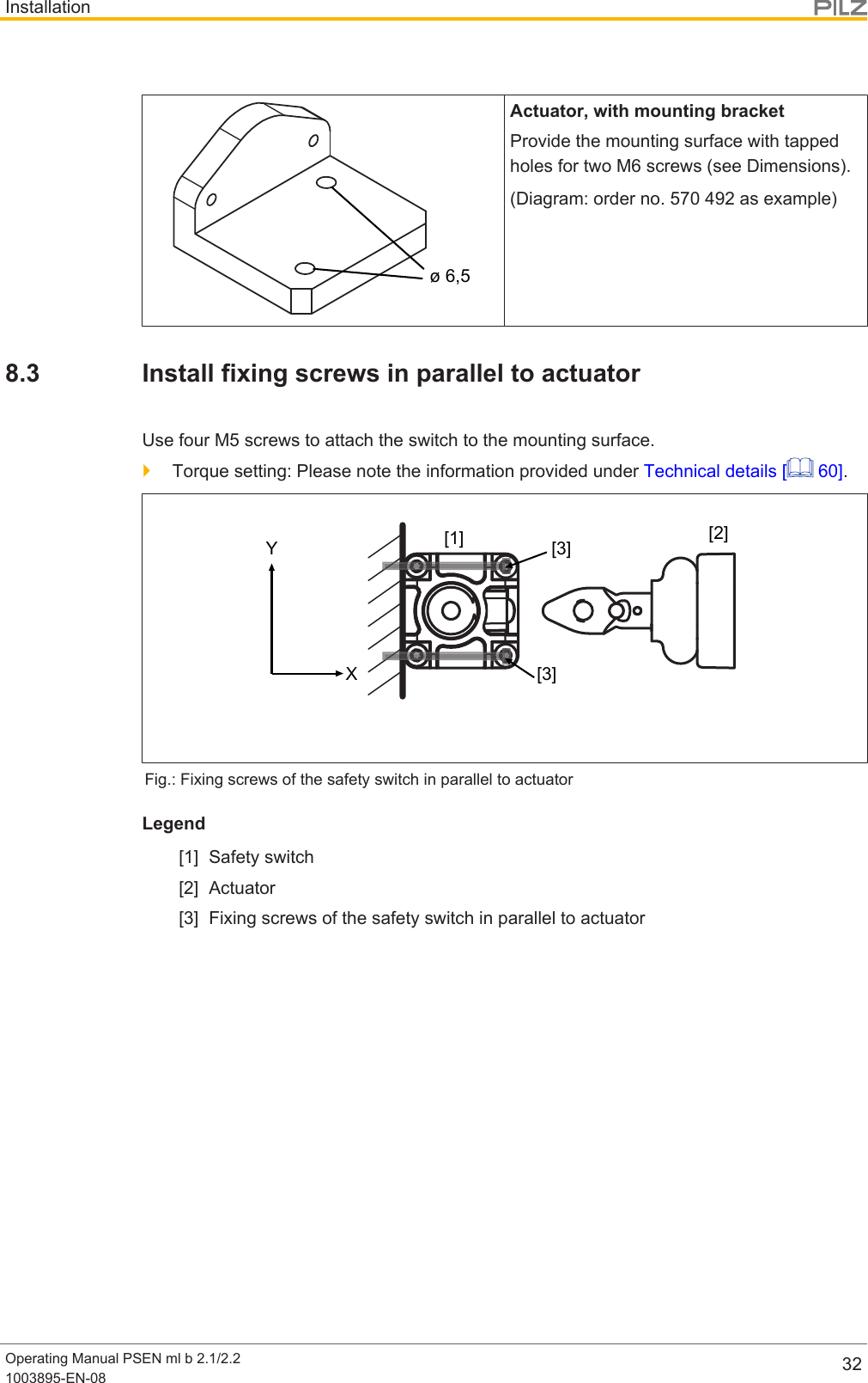 InstallationOperating Manual PSEN ml b 2.1/2.21003895-EN-08 32ø 6,5Actuator, with mounting bracketProvide the mounting surface with tappedholes for two M6 screws (see Dimensions).(Diagram: order no. 570 492 as example)8.3 Install fixing screws in parallel to actuatorUse four M5 screws to attach the switch to the mounting surface.}Torque setting: Please note the information provided under Technical details [  60].XY [3][3][1] [2]Fig.: Fixing screws of the safety switch in parallel to actuatorLegend[1] Safety switch[2] Actuator[3] Fixing screws of the safety switch in parallel to actuator