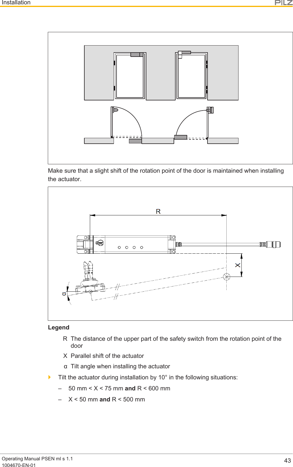 InstallationOperating Manual PSEN ml s 1.11004670-EN-01 43Make sure that a slight shift of the rotation point of the door is maintained when installingthe actuator.LegendR The distance of the upper part of the safety switch from the rotation point of thedoorX Parallel shift of the actuatorα Tilt angle when installing the actuator}Tilt the actuator during installation by 10° in the following situations:– 50 mm &lt; X &lt; 75 mm and R &lt; 600 mm– X &lt; 50 mm and R &lt; 500 mm