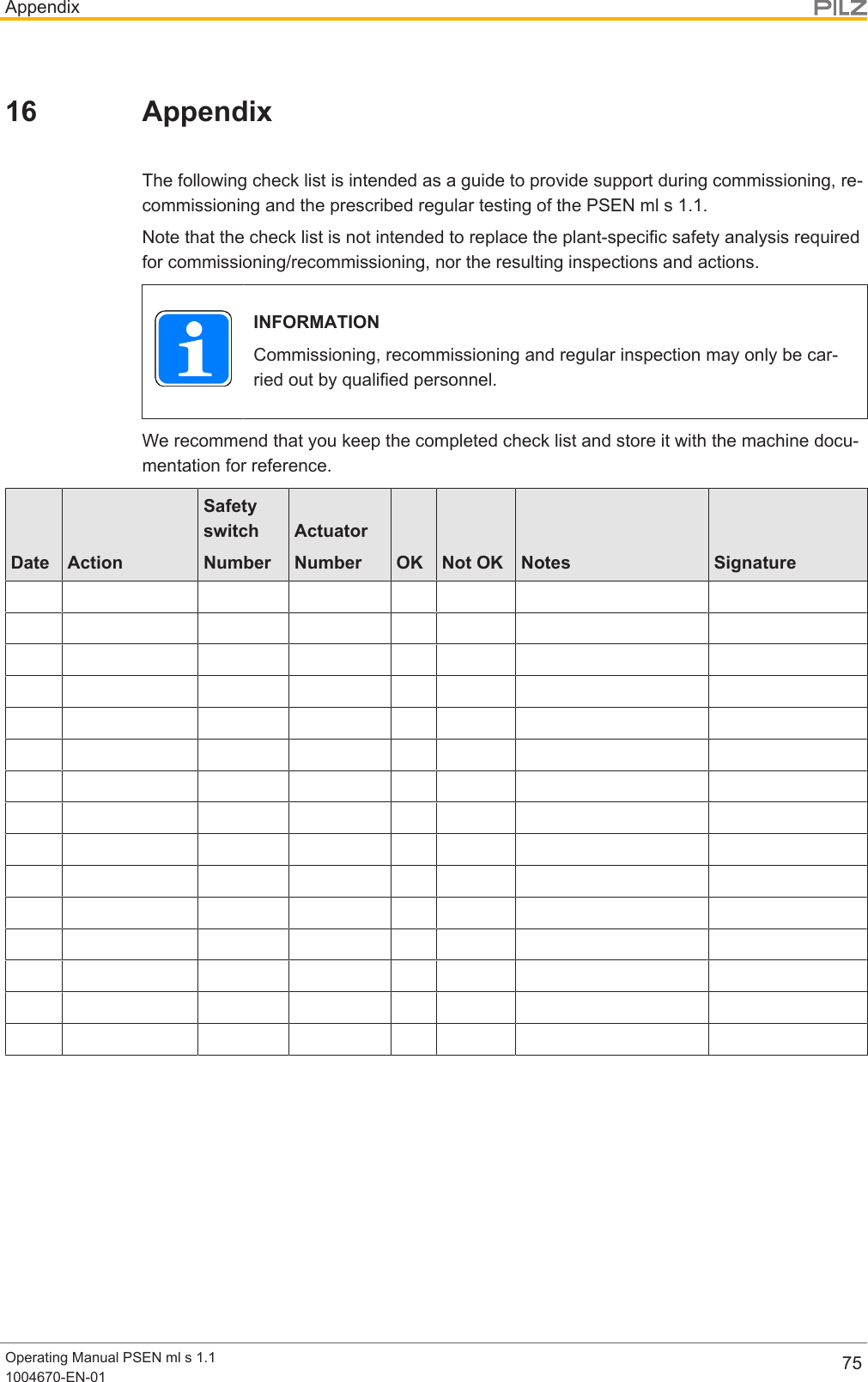 AppendixOperating Manual PSEN ml s 1.11004670-EN-01 7516 AppendixThe following check list is intended as a guide to provide support during commissioning, re-commissioning and the prescribed regular testing of the PSEN ml s 1.1.Note that the check list is not intended to replace the plant-specific safety analysis requiredfor commissioning/recommissioning, nor the resulting inspections and actions.INFORMATIONCommissioning, recommissioning and regular inspection may only be car-ried out by qualified personnel.We recommend that you keep the completed check list and store it with the machine docu-mentation for reference.Date ActionSafetyswitchNumberActuatorNumber OK Not OK Notes Signature