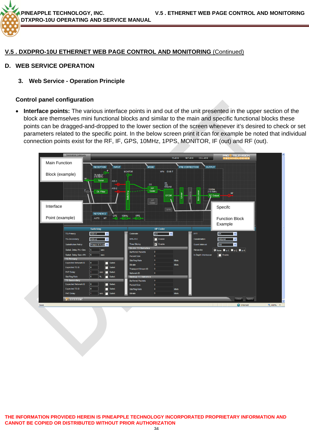 PINEAPPLE TECHNOLOGY, INC.                                  V.5 . ETHERNET WEB PAGE CONTROL AND MONITORING DTXPRO-10U OPERATING AND SERVICE MANUAL  34   V.5 . DXDPRO-10U ETHERNET WEB PAGE CONTROL AND MONITORING (Continued) D.  WEB SERVICE OPERATION  3.  Web Service - Operation Principle  Control panel configuration • Interface points: The various interface points in and out of the unit presented in the upper section of the block are themselves mini functional blocks and similar to the main and specific functional blocks these points can be dragged-and-dropped to the lower section of the screen whenever it’s desired to check or set parameters related to the specific point. In the below screen print it can for example be noted that individual connection points exist for the RF, IF, GPS, 10MHz, 1PPS, MONITOR, IF (out) and RF (out).     Point (example) Interface Function Block Example Specifc Block (example) Main Function   THE INFORMATION PROVIDED HEREIN IS PINEAPPLE TECHNOLOGY INCORPORATED PROPRIETARY INFORMATION AND CANNOT BE COPIED OR DISTRIBUTED WITHOUT PRIOR AUTHORIZATION 