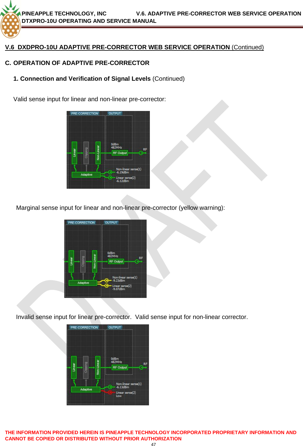 PINEAPPLE TECHNOLOGY, INC               V.6. ADAPTIVE PRE-CORRECTOR WEB SERVICE OPERATION DTXPRO-10U OPERATING AND SERVICE MANUAL  CANNOT BE COPIED OR DISTRIBUTED WITHOUT PRIOR AUTHORIZATION 47   V.6  DXDPRO-10U ADAPTIVE PRE-CORRECTOR WEB SERVICE OPERATION (Continued) C. OPERATION OF ADAPTIVE PRE-CORRECTOR  1. Connection and Verification of Signal Levels (Continued)  Valid sense input for linear and non-linear pre-corrector:   Marginal sense input for linear and non-linear pre-corrector (yellow warning):   Invalid sense input for linear pre-corrector.  Valid sense input for non-linear corrector.    THE INFORMATION PROVIDED HEREIN IS PINEAPPLE TECHNOLOGY INCORPORATED PROPRIETARY INFORMATION AND 