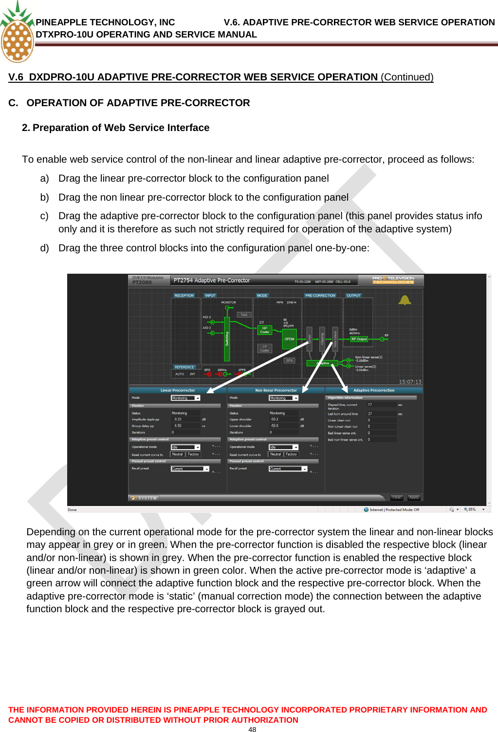 PINEAPPLE TECHNOLOGY, INC               V.6. ADAPTIVE PRE-CORRECTOR WEB SERVICE OPERATION DTXPRO-10U OPERATING AND SERVICE MANUAL  CANNOT BE COPIED OR DISTRIBUTED WITHOUT PRIOR AUTHORIZATION 48   V.6  DXDPRO-10U ADAPTIVE PRE-CORRECTOR WEB SERVICE OPERATION (Continued) C.  OPERATION OF ADAPTIVE PRE-CORRECTOR 2. Preparation of Web Service Interface  To enable web service control of the non-linear and linear adaptive pre-corrector, proceed as follows: a)  Drag the linear pre-corrector block to the configuration panel b)  Drag the non linear pre-corrector block to the configuration panel c)  Drag the adaptive pre-corrector block to the configuration panel (this panel provides status info only and it is therefore as such not strictly required for operation of the adaptive system) d)  Drag the three control blocks into the configuration panel one-by-one:    Depending on the current operational mode for the pre-corrector system the linear and non-linear blocks may appear in grey or in green. When the pre-corrector function is disabled the respective block (linear and/or non-linear) is shown in grey. When the pre-corrector function is enabled the respective block (linear and/or non-linear) is shown in green color. When the active pre-corrector mode is ‘adaptive’ a green arrow will connect the adaptive function block and the respective pre-corrector block. When the adaptive pre-corrector mode is ‘static’ (manual correction mode) the connection between the adaptive function block and the respective pre-corrector block is grayed out.   THE INFORMATION PROVIDED HEREIN IS PINEAPPLE TECHNOLOGY INCORPORATED PROPRIETARY INFORMATION AND 