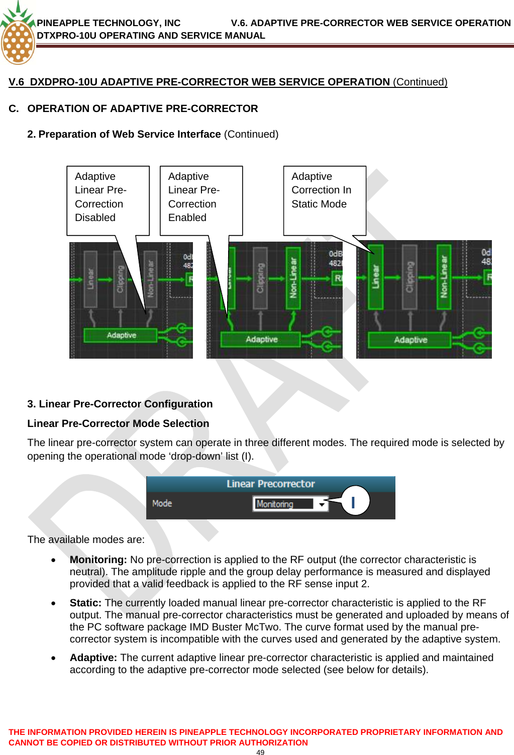 PINEAPPLE TECHNOLOGY, INC               V.6. ADAPTIVE PRE-CORRECTOR WEB SERVICE OPERATION DTXPRO-10U OPERATING AND SERVICE MANUAL  CANNOT BE COPIED OR DISTRIBUTED WITHOUT PRIOR AUTHORIZATION 49   V.6  DXDPRO-10U ADAPTIVE PRE-CORRECTOR WEB SERVICE OPERATION (Continued) C.  OPERATION OF ADAPTIVE PRE-CORRECTOR 2. Preparation of Web Service Interface (Continued)                    3. Linear Pre-Corrector Configuration Linear Pre-Corrector Mode Selection The linear pre-corrector system can operate in three different modes. The required mode is selected by opening the operational mode ‘drop-down’ list (I).  THE INFORMATION PROVIDED HEREIN IS PINEAPPLE TECHNOLOGY INCORPORATED PROPRIETARY INFORMATION AND    The available modes are:  • Monitoring: No pre-correction is applied to the RF output (the corrector characteristic is neutral). The amplitude ripple and the group delay performance is measured and displayed provided that a valid feedback is applied to the RF sense input 2. • Static: The currently loaded manual linear pre-corrector characteristic is applied to the RF output. The manual pre-corrector characteristics must be generated and uploaded by means of the PC software package IMD Buster McTwo. The curve format used by the manual pre-corrector system is incompatible with the curves used and generated by the adaptive system.  • Adaptive: The current adaptive linear pre-corrector characteristic is applied and maintained according to the adaptive pre-corrector mode selected (see below for details).    Adaptive Linear Pre-Correction Disabled Adaptive Linear Pre-Correction Enabled Adaptive Correction In Static Mode I