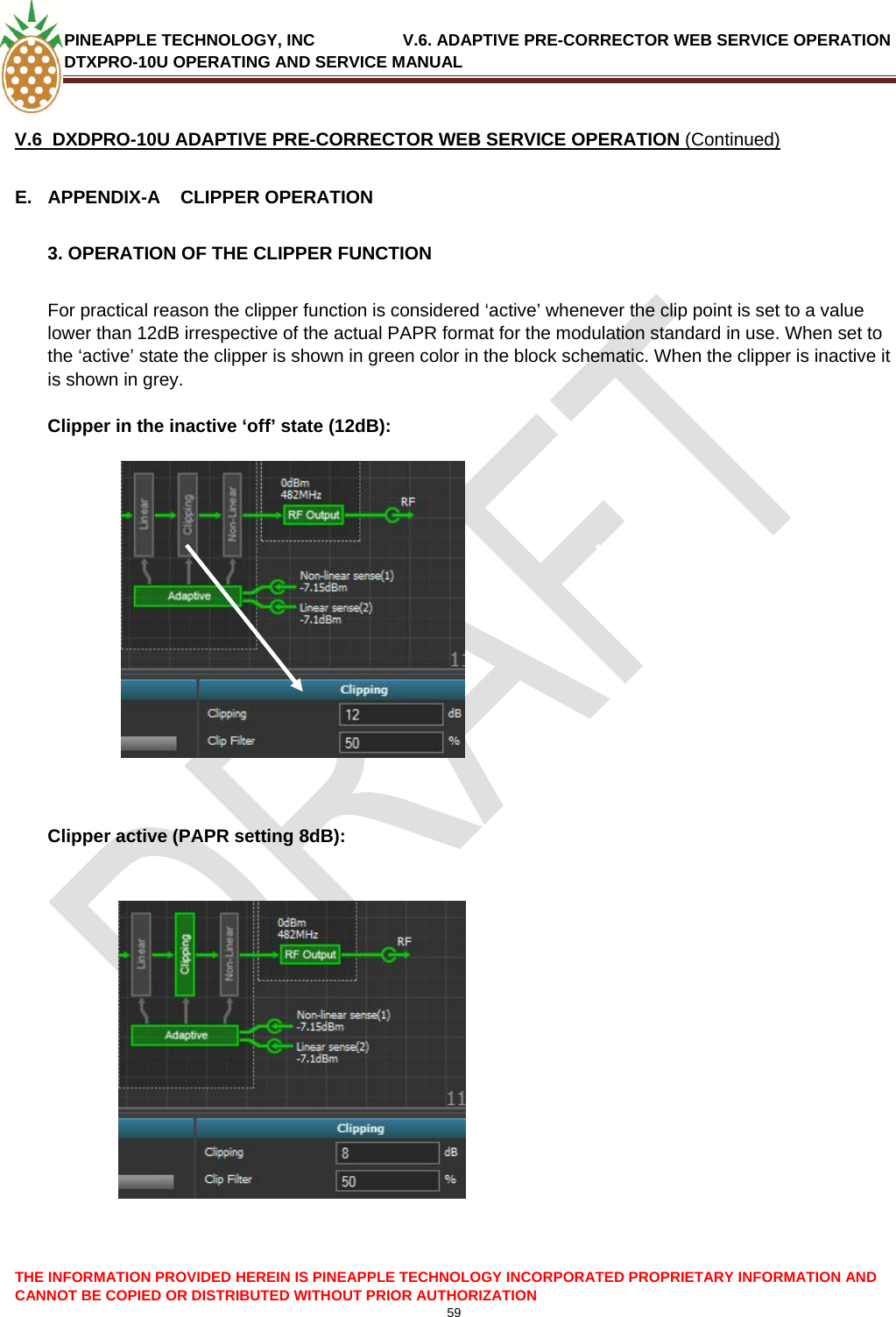 PINEAPPLE TECHNOLOGY, INC               V.6. ADAPTIVE PRE-CORRECTOR WEB SERVICE OPERATION DTXPRO-10U OPERATING AND SERVICE MANUAL  CANNOT BE COPIED OR DISTRIBUTED WITHOUT PRIOR AUTHORIZATION 59   V.6  DXDPRO-10U ADAPTIVE PRE-CORRECTOR WEB SERVICE OPERATION (Continued) E.  APPENDIX-A    CLIPPER OPERATION  3. OPERATION OF THE CLIPPER FUNCTION  For practical reason the clipper function is considered ‘active’ whenever the clip point is set to a value lower than 12dB irrespective of the actual PAPR format for the modulation standard in use. When set to the ‘active’ state the clipper is shown in green color in the block schematic. When the clipper is inactive it is shown in grey.   Clipper in the inactive ‘off’ state (12dB):                                    Clipper active (PAPR setting 8dB):  THE INFORMATION PROVIDED HEREIN IS PINEAPPLE TECHNOLOGY INCORPORATED PROPRIETARY INFORMATION AND 