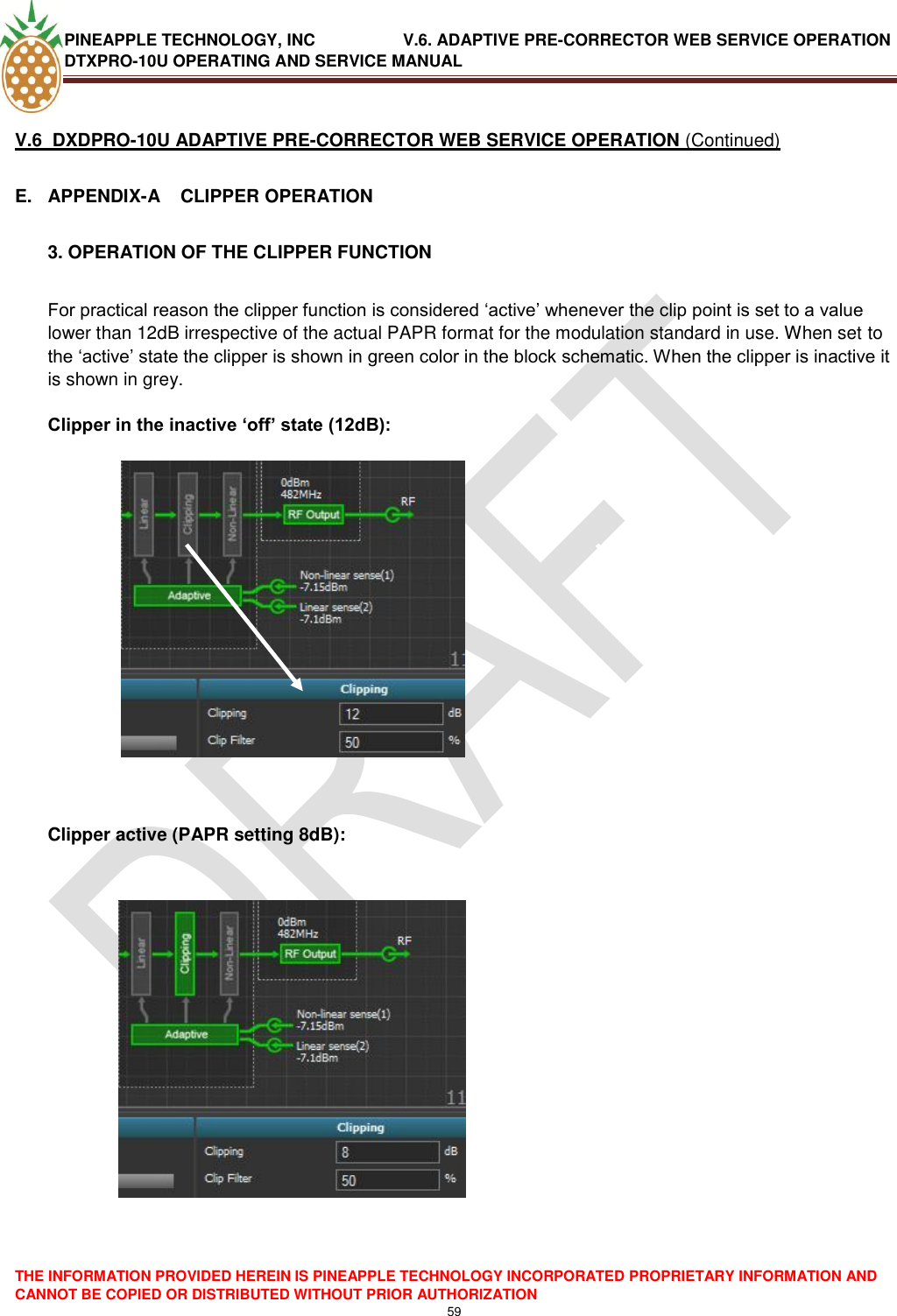 PINEAPPLE TECHNOLOGY, INC               V.6. ADAPTIVE PRE-CORRECTOR WEB SERVICE OPERATION DTXPRO-10U OPERATING AND SERVICE MANUAL  THE INFORMATION PROVIDED HEREIN IS PINEAPPLE TECHNOLOGY INCORPORATED PROPRIETARY INFORMATION AND CANNOT BE COPIED OR DISTRIBUTED WITHOUT PRIOR AUTHORIZATION 59   V.6  DXDPRO-10U ADAPTIVE PRE-CORRECTOR WEB SERVICE OPERATION (Continued) E.  APPENDIX-A    CLIPPER OPERATION  3. OPERATION OF THE CLIPPER FUNCTION  For practical reason the clipper function is considered ‗active‘ whenever the clip point is set to a value lower than 12dB irrespective of the actual PAPR format for the modulation standard in use. When set to the ‗active‘ state the clipper is shown in green color in the block schematic. When the clipper is inactive it is shown in grey.   Clipper in the inactive ‘off’ state (12dB):                                    Clipper active (PAPR setting 8dB):   