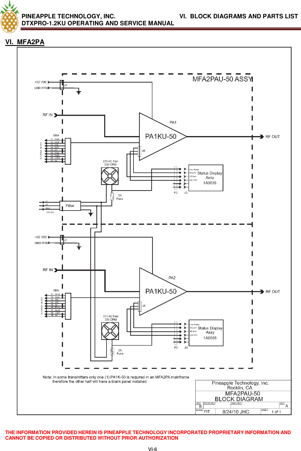 PINEAPPLE TECHNOLOGY, INC.             VI.  BLOCK DIAGRAMS AND PARTS LIST  DTXPRO-1.2KU OPERATING AND SERVICE MANUAL  THE INFORMATION PROVIDED HEREIN IS PINEAPPLE TECHNOLOGY INCORPORATED PROPRIETARY INFORMATION AND CANNOT BE COPIED OR DISTRIBUTED WITHOUT PRIOR AUTHORIZATION  VI-6  VI.  MFA2PA 