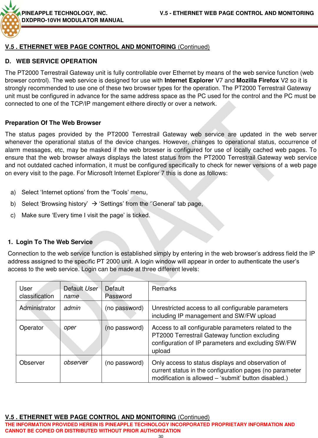 PINEAPPLE TECHNOLOGY, INC.                                  V.5 - ETHERNET WEB PAGE CONTROL AND MONITORING DXDPRO-10VH MODULATOR MANUAL  THE INFORMATION PROVIDED HEREIN IS PINEAPPLE TECHNOLOGY INCORPORATED PROPRIETARY INFORMATION AND CANNOT BE COPIED OR DISTRIBUTED WITHOUT PRIOR AUTHORIZATION 30  V.5 . ETHERNET WEB PAGE CONTROL AND MONITORING (Continued) D.  WEB SERVICE OPERATION The PT2000 Terrestrail Gateway unit is fully controllable over Ethernet by means of the web service function (web browser control). The web service is designed for use with Internet Explorer V7 and Mozilla Firefox V2 so it is strongly recommended to use one of these two browser types for the operation. The PT2000 Terrestrail Gateway unit must be configured in advance for the same address space as the PC used for the control and the PC must be connected to one of the TCP/IP mangement eithere directly or over a network.  Preparation Of The Web Browser The  status  pages  provided  by  the  PT2000  Terrestrail  Gateway  web  service  are  updated  in  the  web  server whenever the operational status of the device changes. However, changes to operational status, occurrence of alarm messages, etc, may be masked if the web browser is configured for use of locally cached web pages. To ensure that the web browser always displays the latest status from the PT2000 Terrestrail Gateway web service and not outdated cached information, it must be configured specifically to check for newer versions of a web page on every visit to the page. For Microsoft Internet Explorer 7 this is done as follows:  a) Select ‗Internet options‘ from the ‗Tools‘ menu, b) Select ‗Browsing history‘   ‗Settings‘ from the ‗‘General‘ tab page, c) Make sure ‗Every time I visit the page‘ is ticked.   1.  Login To The Web Service Connection to the web service function is established simply by entering in the web browser‘s address field the IP address assigned to the specific PT 2000 unit. A login window will appear in order to authenticate the user‘s access to the web service. Login can be made at three different levels:  User classification Default User name Default Password Remarks Administrator admin (no password) Unrestricted access to all configurable parameters  including IP management and SW/FW upload Operator oper (no password) Access to all configurable parameters related to the PT2000 Terrestrail Gateway function excluding configuration of IP parameters and excluding SW/FW upload   Observer observer (no password) Only access to status displays and observation of current status in the configuration pages (no parameter modification is allowed – ‗submit‘ button disabled.)     V.5 . ETHERNET WEB PAGE CONTROL AND MONITORING (Continued) 