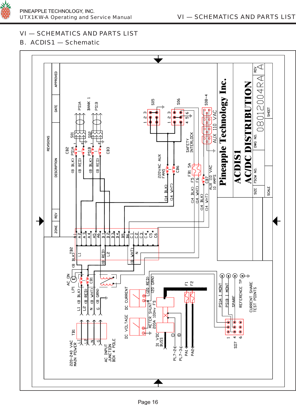  PINEAPPLE TECHNOLOGY, INC.  UTX1KW-A Operating and Service Manual VI — SCHEMATICS AND PARTS LISTPage 16VI — SCHEMATICS AND PARTS LISTB.  ACDIS1 — Schematic