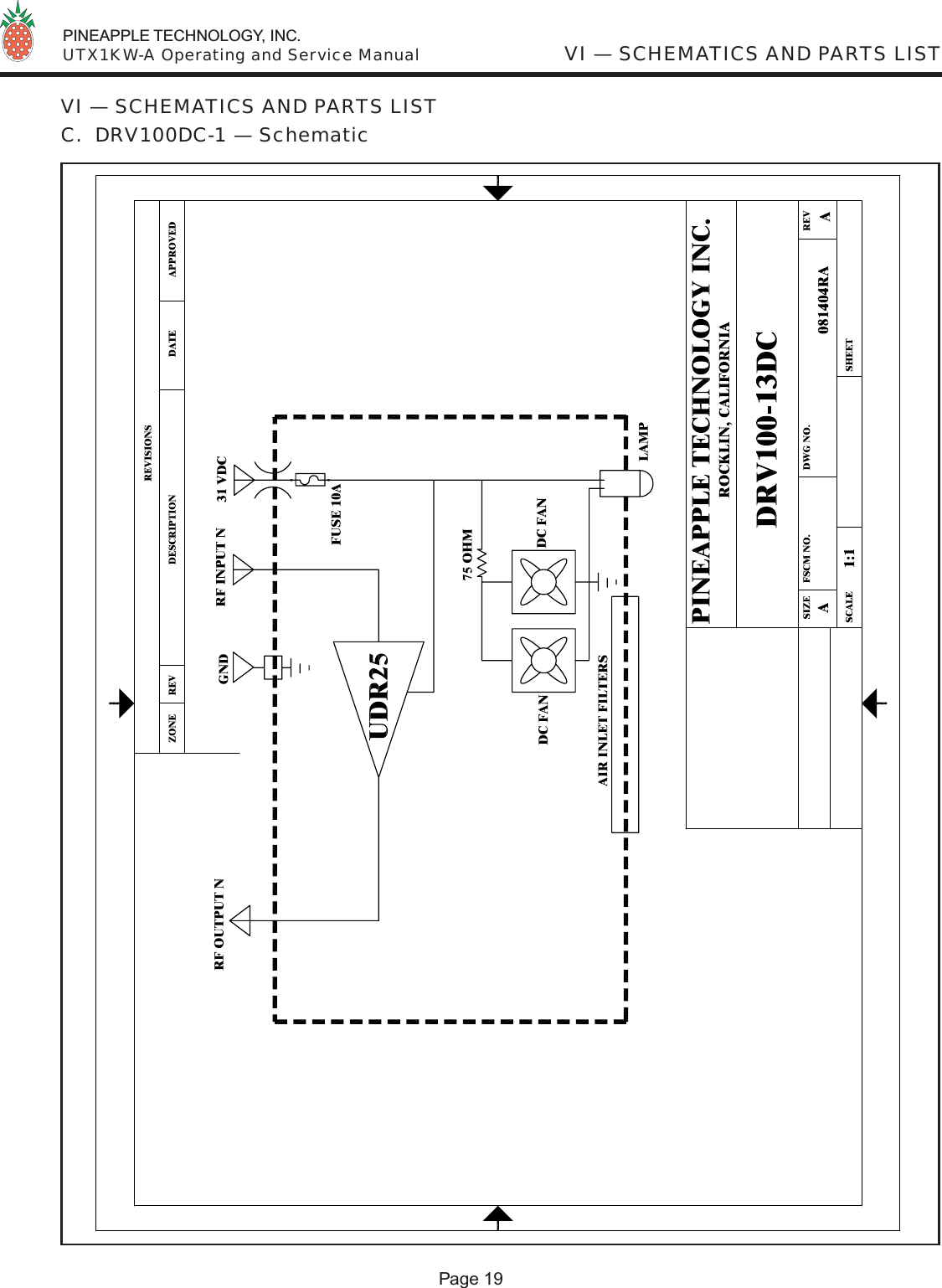  PINEAPPLE TECHNOLOGY, INC.  UTX1KW-A Operating and Service ManualPage 19VI — SCHEMATICS AND PARTS LISTVI — SCHEMATICS AND PARTS LISTC.  DRV100DC-1 — Schematic