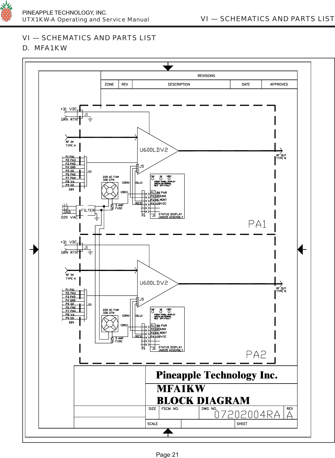  PINEAPPLE TECHNOLOGY, INC.  UTX1KW-A Operating and Service ManualPage 21VI — SCHEMATICS AND PARTS LISTVI — SCHEMATICS AND PARTS LISTD.  MFA1KW